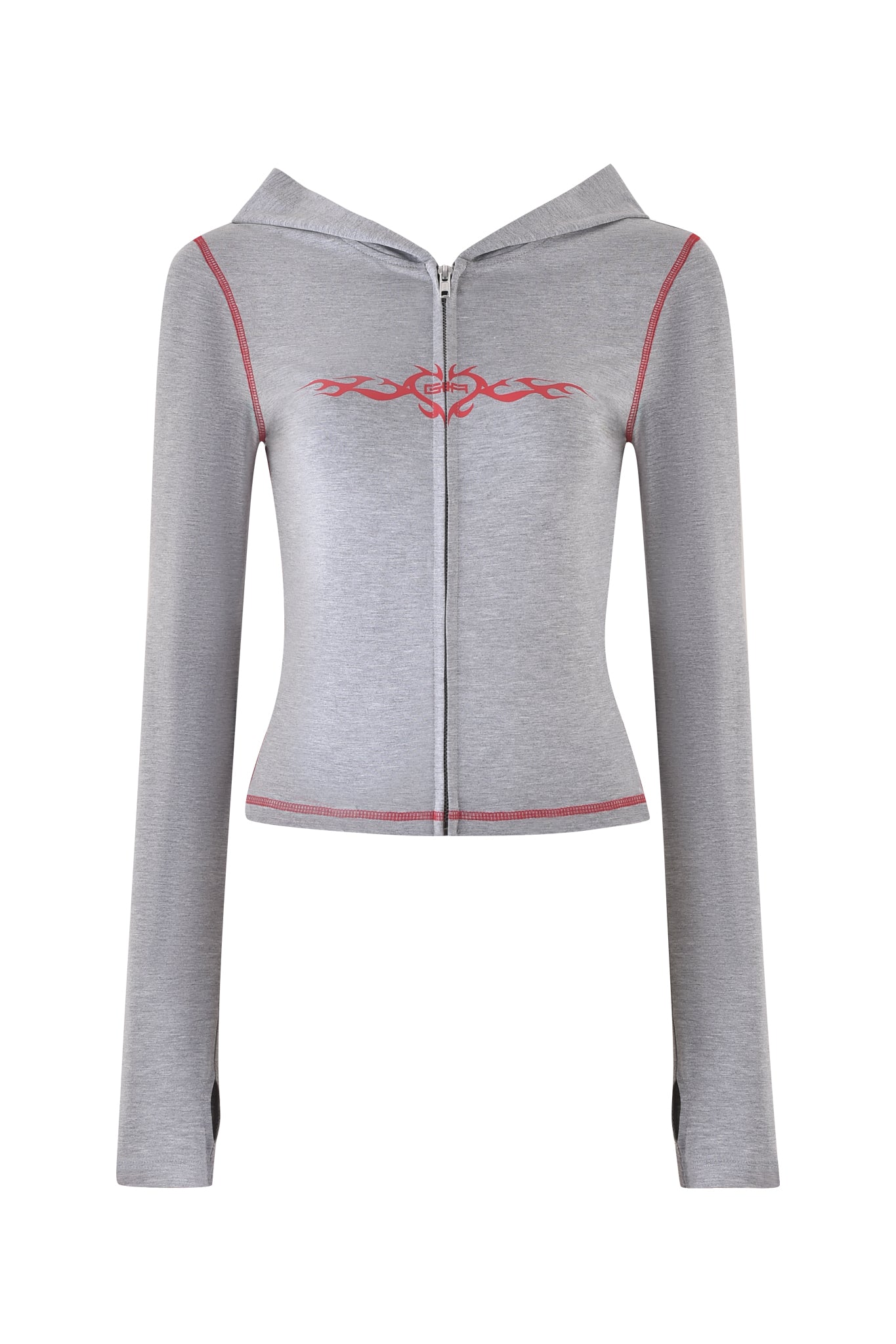 Introducing the BLARE HOODIE - GREY from I.AM.GIA: a dove gray cropped hoodie featuring a front zipper and bold red tribal chest design. It offers long sleeves, a bodycon fit, red stitching details, and showcases the signature GIA Flame logo.