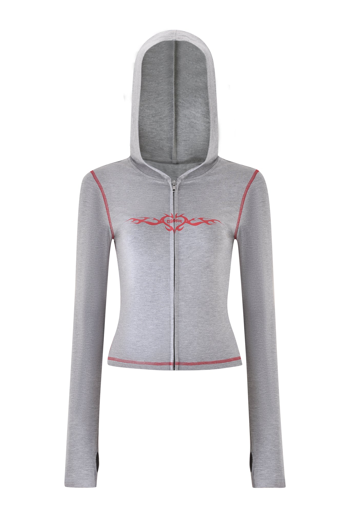 The I.AM.GIA Blare Hoodie in Dove Grey features a zip-up design with red tribal embroidery on the chest, long sleeves, and a raised hood with red seam piping. A subtle GIA Flame logo enhances its sleek style against the plain white backdrop.