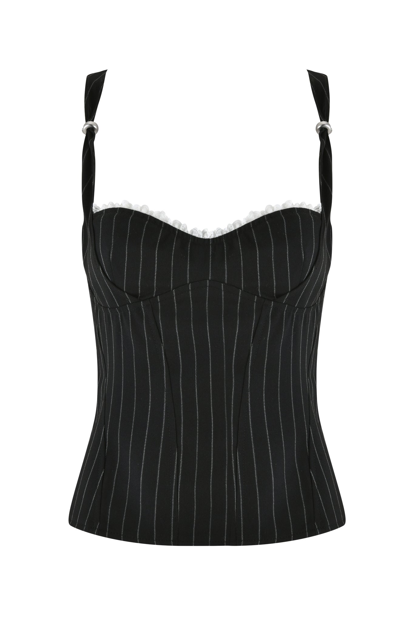 The I.AM.GIA MARRION CORSET - BLACK features adjustable shoulder straps, buckle details, a sweetheart neckline with lace trim, and a structured pinstriped bodice offering a sleek, stylish fit.