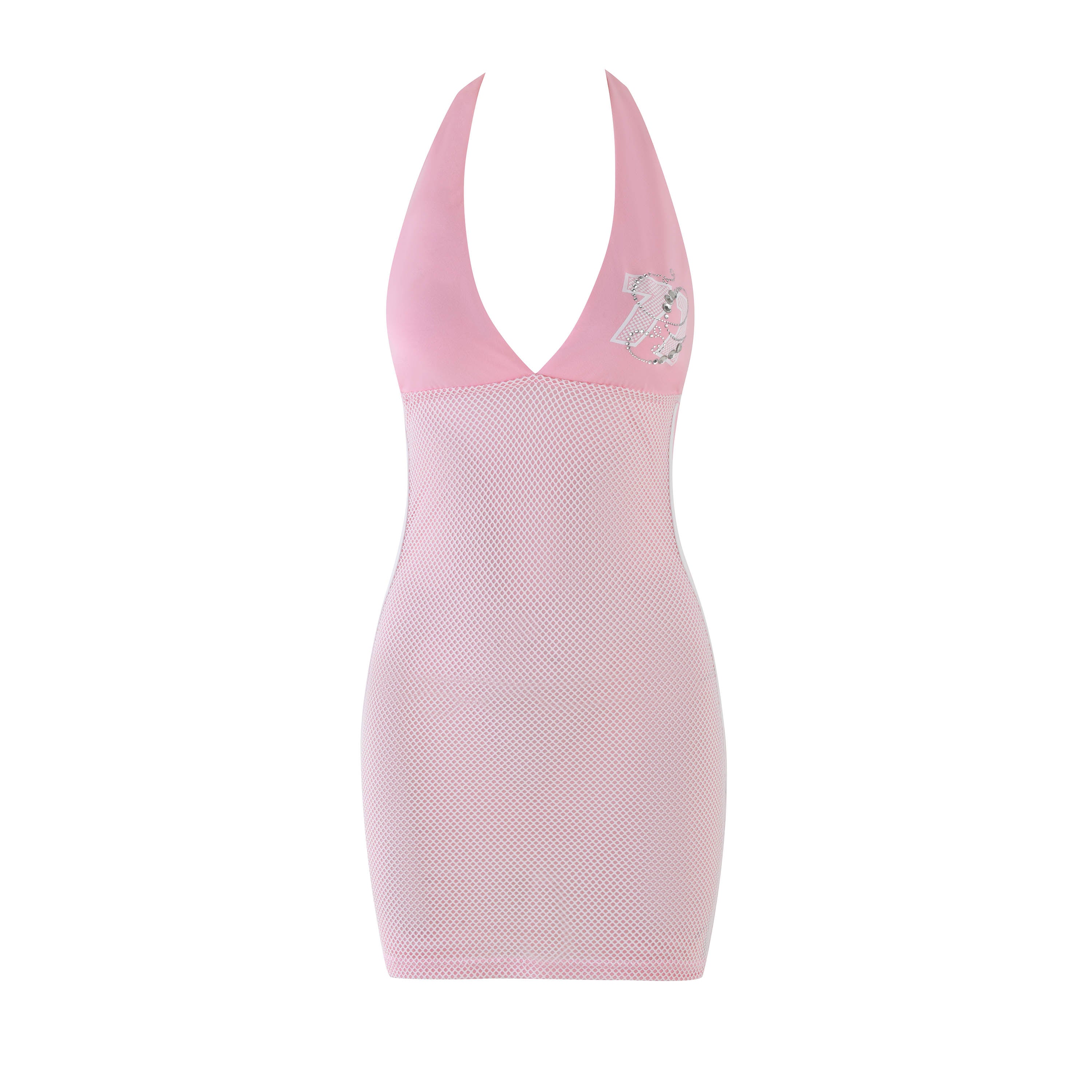 The I.AM.GIA CHANDLER MINI DRESS in baby pink features a halter-neck, deep V-neckline, and bodycon fit with a mesh bottom and embroidered bear on the chest, offering stylish elegance.