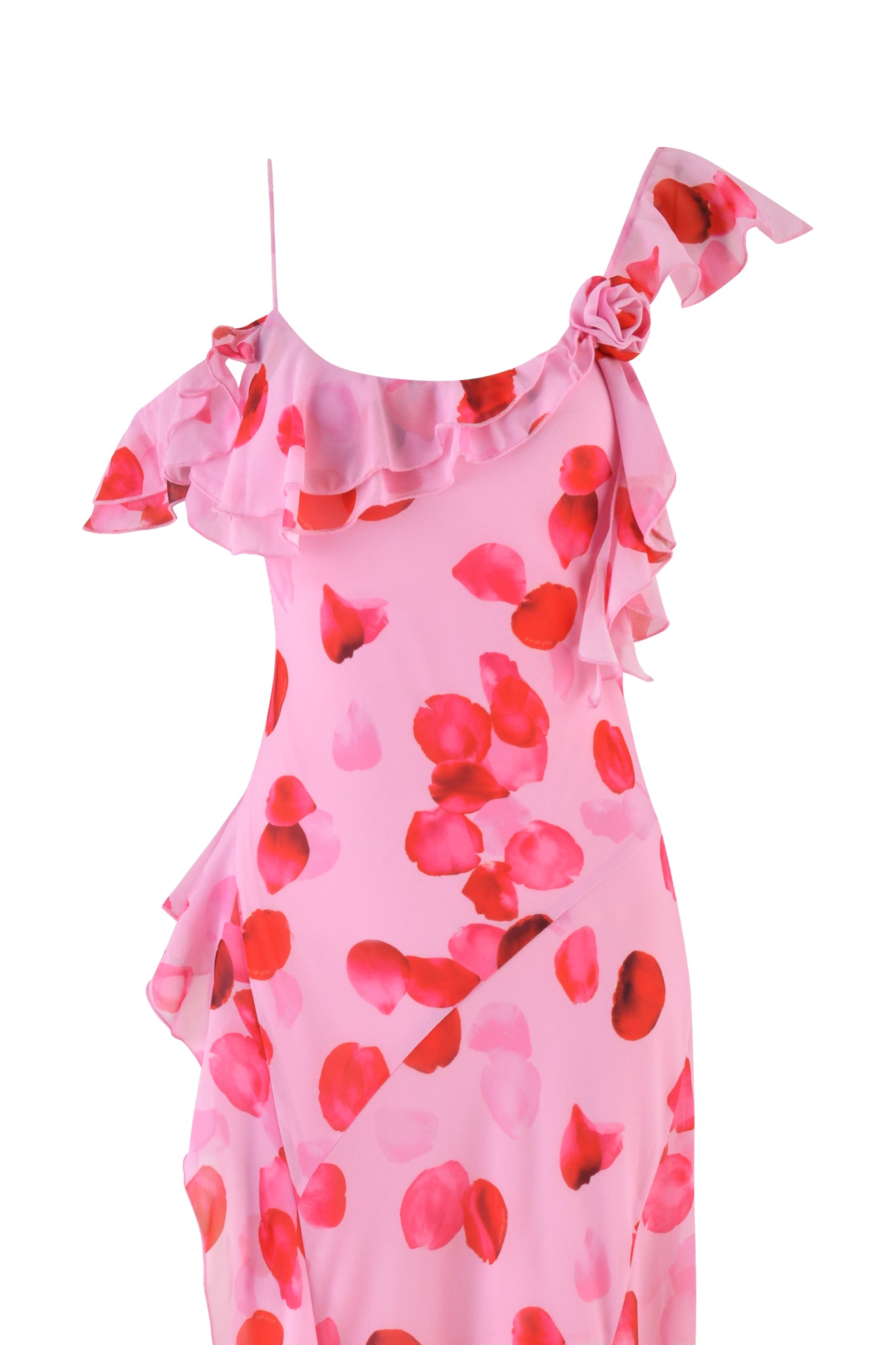 The JULIETTA MAXI DRESS - PINK by I.AM.GIA features a light, flowing fabric with a peach pretty petal print. It has an elegant sleeveless design with asymmetric ruffle detail on one shoulder and a cascading, asymmetrical hemline.