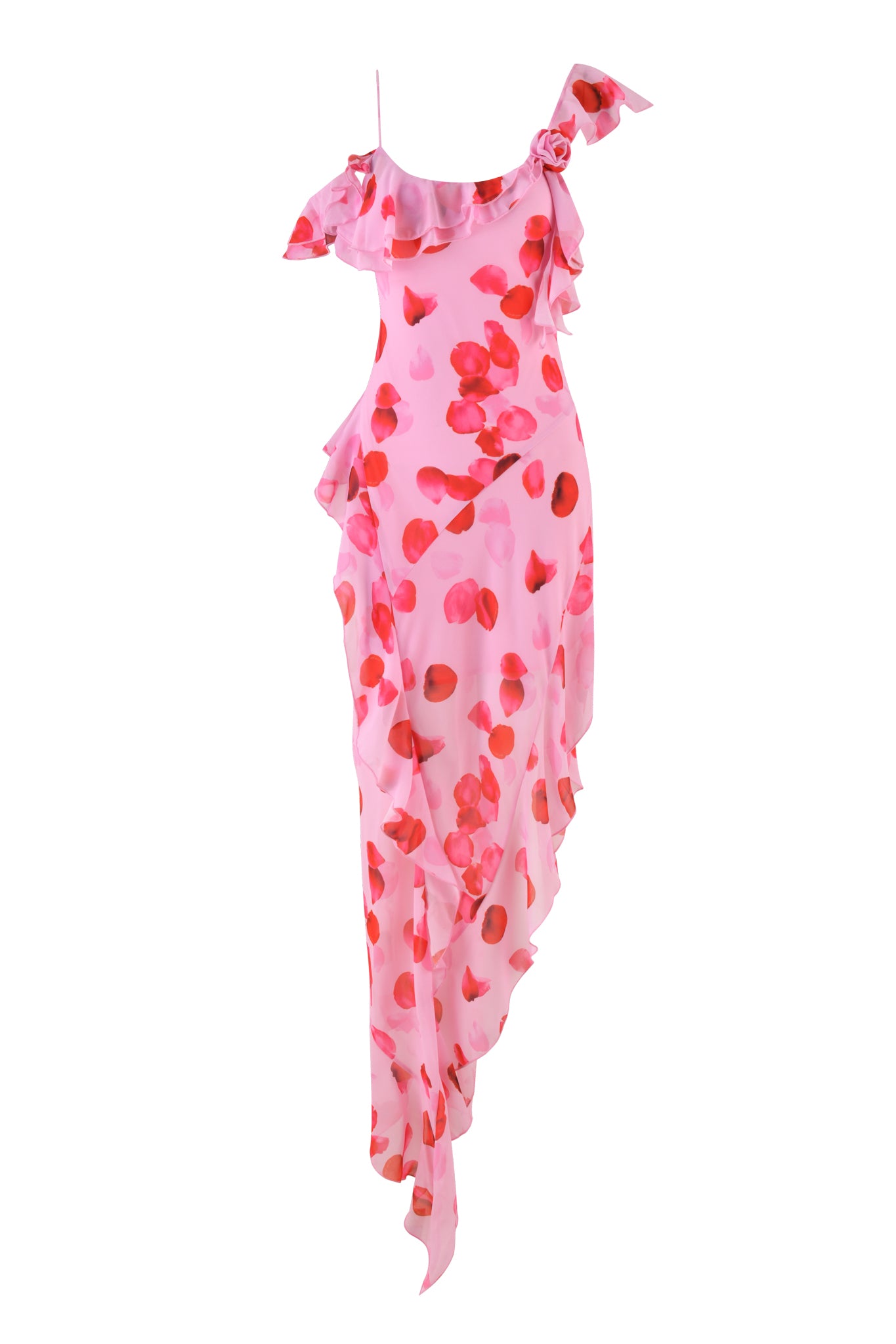 The JULIETTA MAXI DRESS by I.AM.GIA is a pink, one-shoulder gown with a peach pretty petal print and asymmetrical ruffles that create an elegant flowing silhouette.