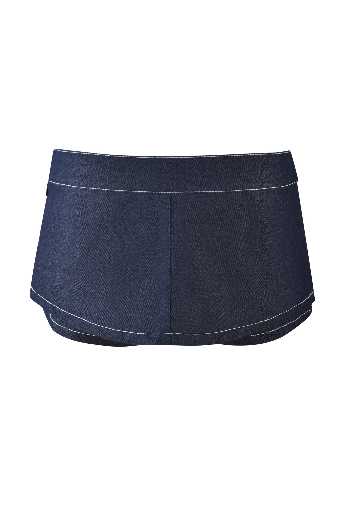 The I.AM.GIA Marrion Denim Skort in dark blue denim showcases a back view with white stitching, a low-rise waist, and a slightly curved hemline, adding flair to its simple style.
