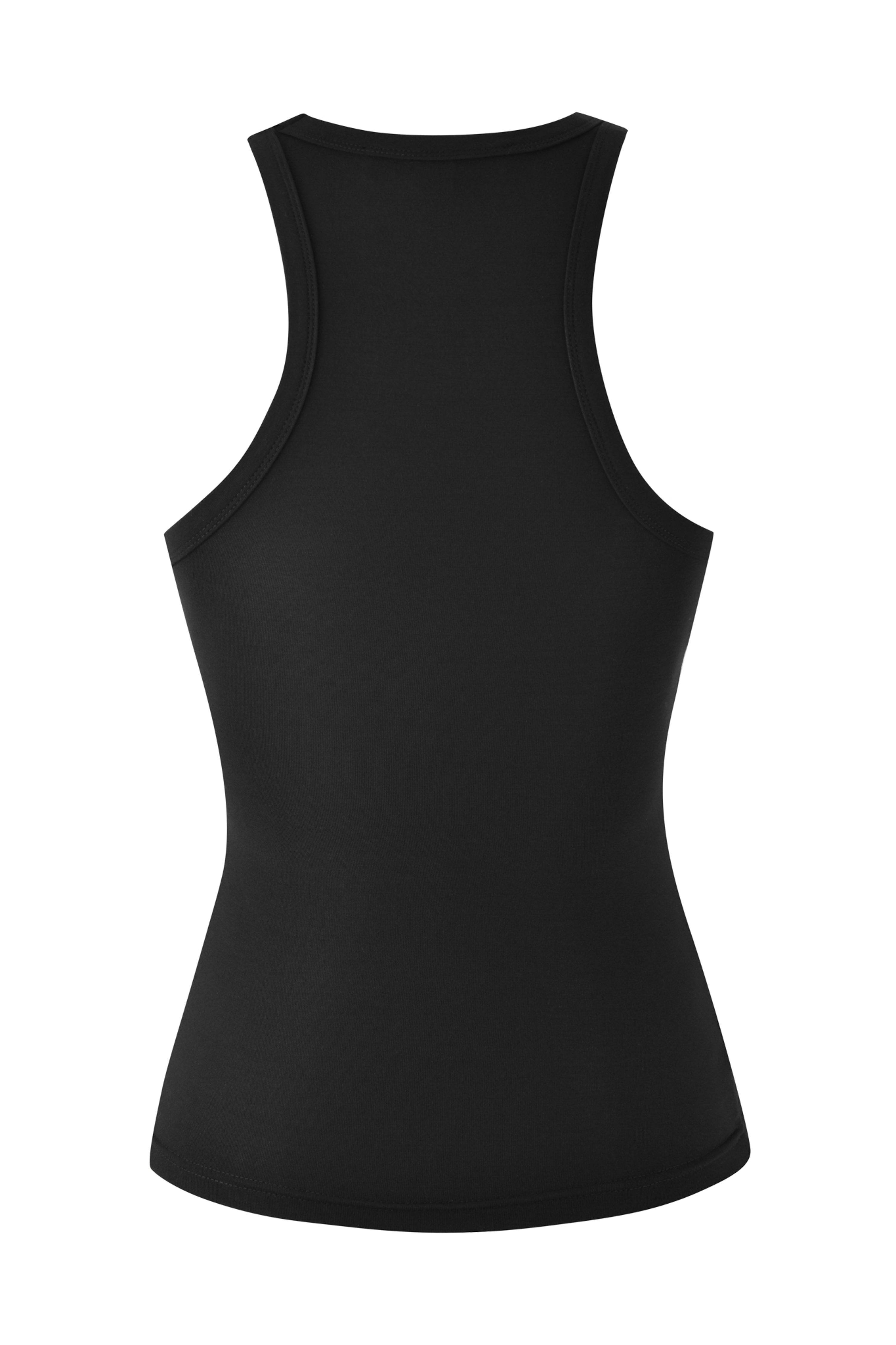 The PISCES ZODIAC TANK - BLACK by I.AM.GIA, with its racerback design, offers a smooth and fitted appearance from the back, highlighting a sporty and streamlined look.