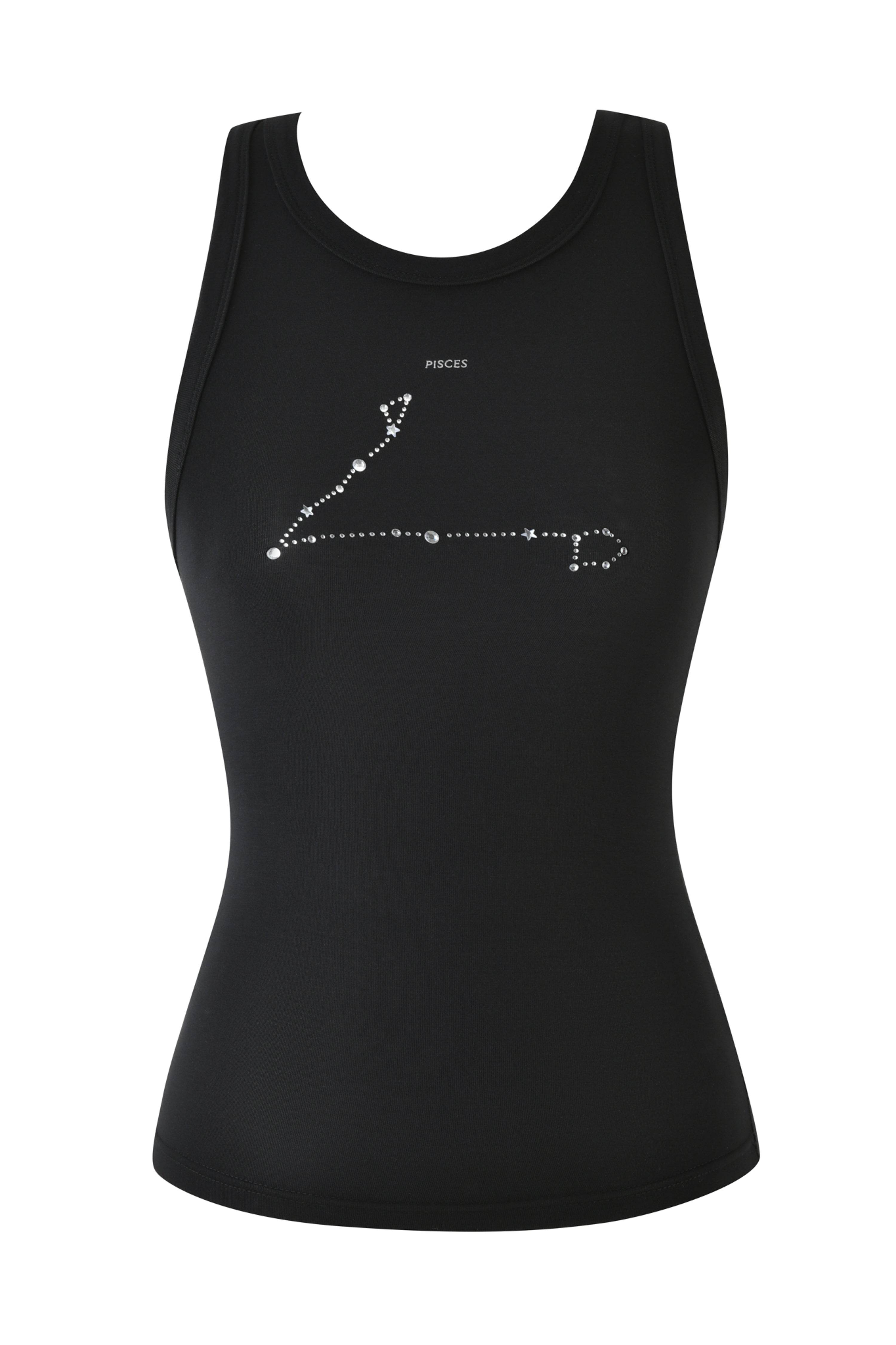 The I.AM.GIA PISCES ZODIAC TANK in black is a racer-style top featuring an illustrated Pisces constellation with labeled stars in white and the word "PISCES," adding a celestial touch.