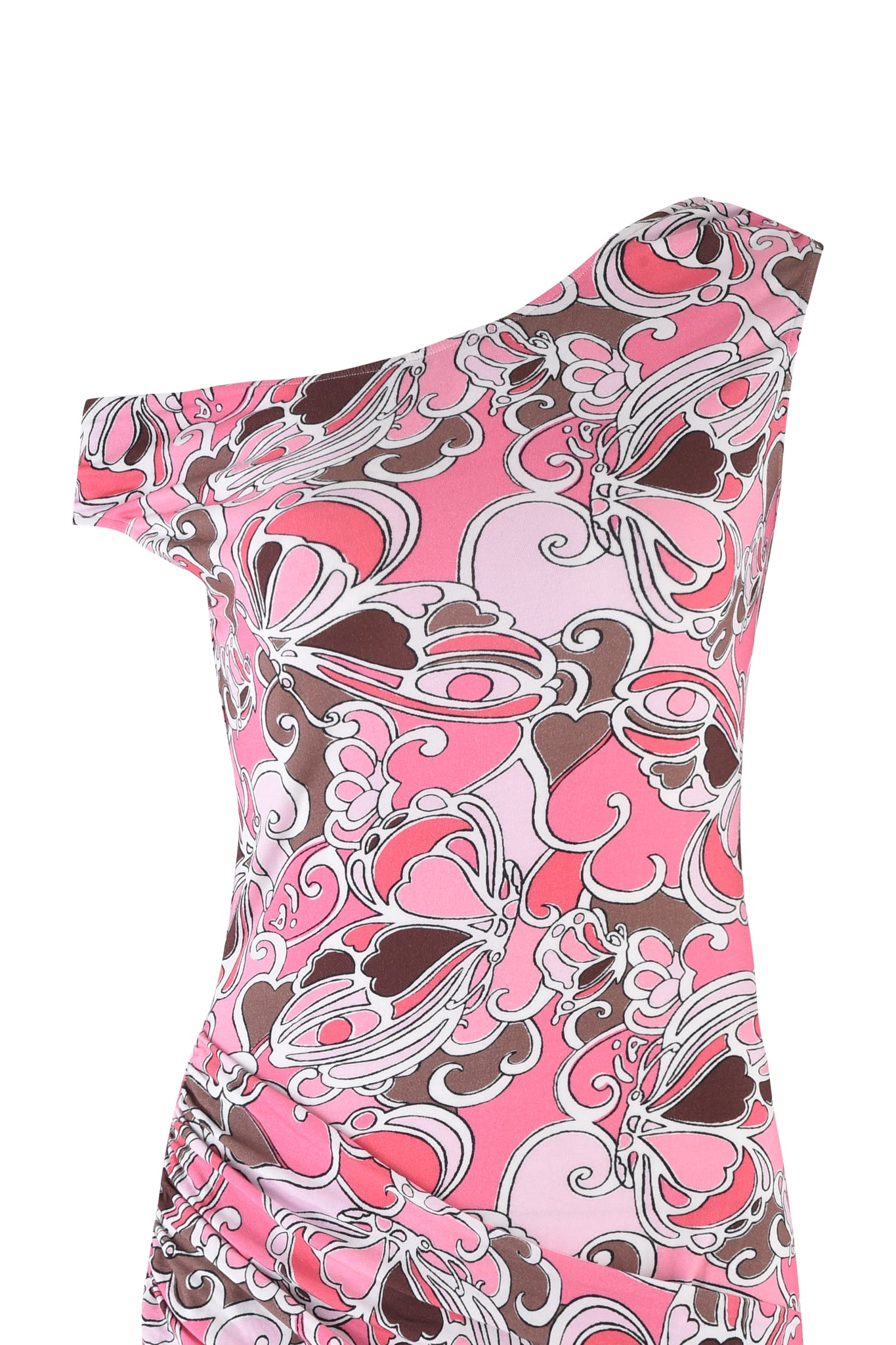 The CORRINE MINI DRESS by I.AM.GIA features a bold, abstract Pink Butterfly Bloom pattern with pink butterfly doodles and swirling designs. An asymmetrical ruched panel drapes elegantly, highlighting the intricate and colorful print.