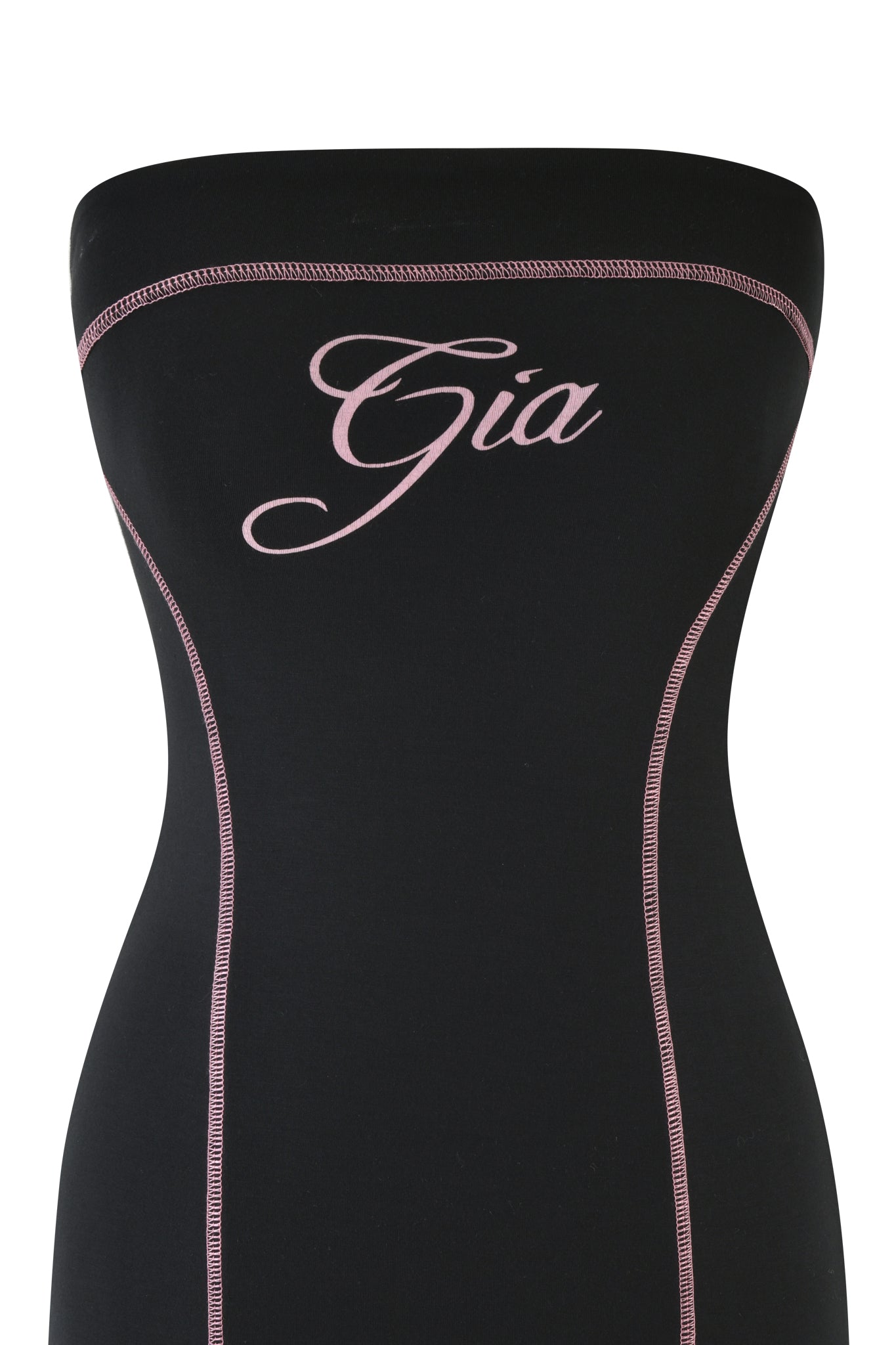 The BLARE TUBE MINI DRESS in black by I.AM.GIA features elegant pink stitching and the GIA logo embroidered at the top.