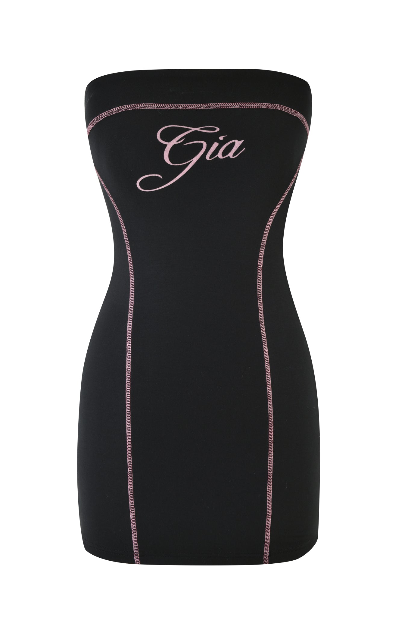 The BLARE TUBE MINI DRESS - BLACK by I.AM.GIA boasts pink stitching and an embroidered GIA logo on the chest, complemented by vertical seams for a chic, stylish look.