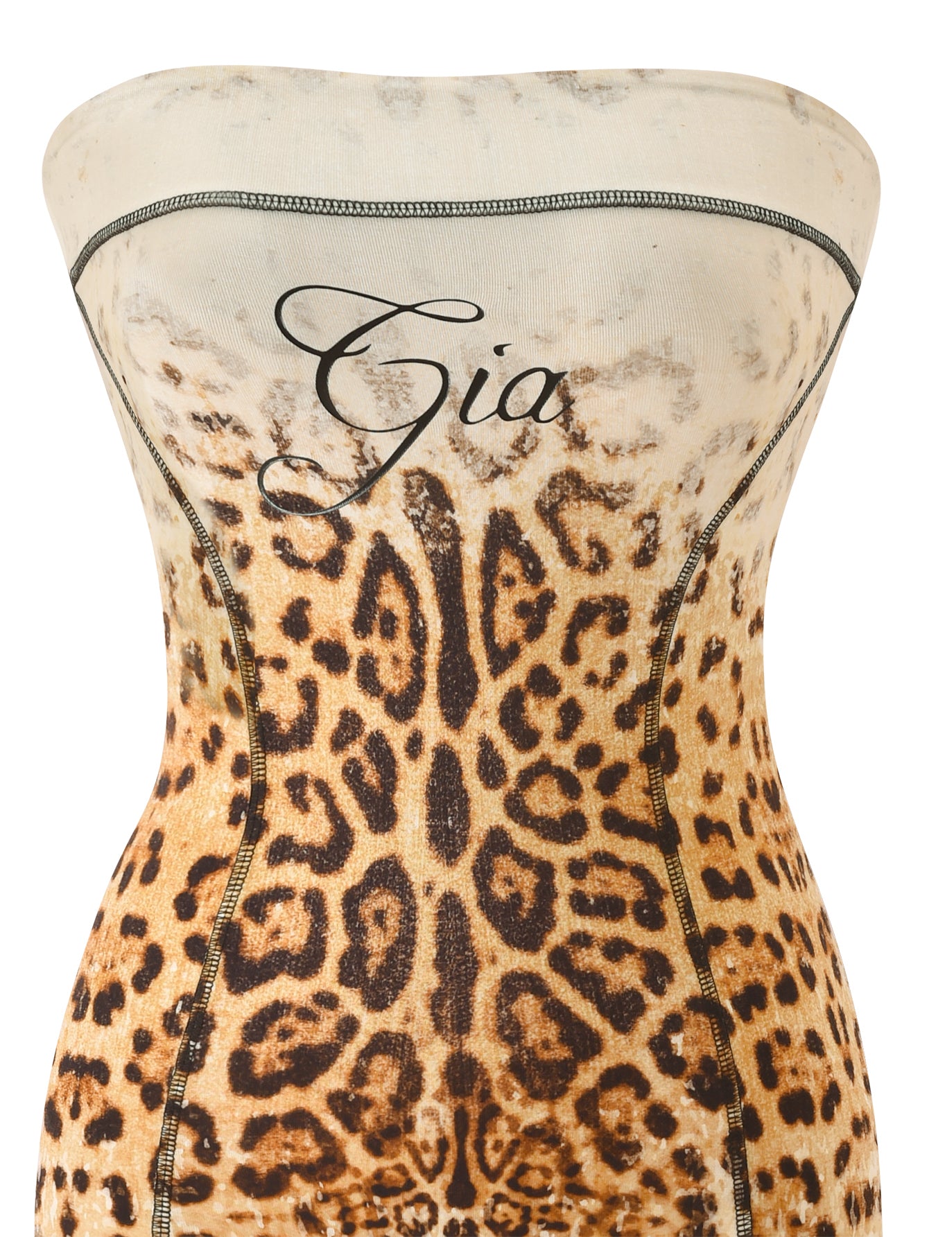 A strapless mini dress featuring a cream faded panthera print and “Gia” scripted across the chest, the BLARE TUBE MINI DRESS by I.AM.GIA perfectly captures the bold energy of a signature Blare look.