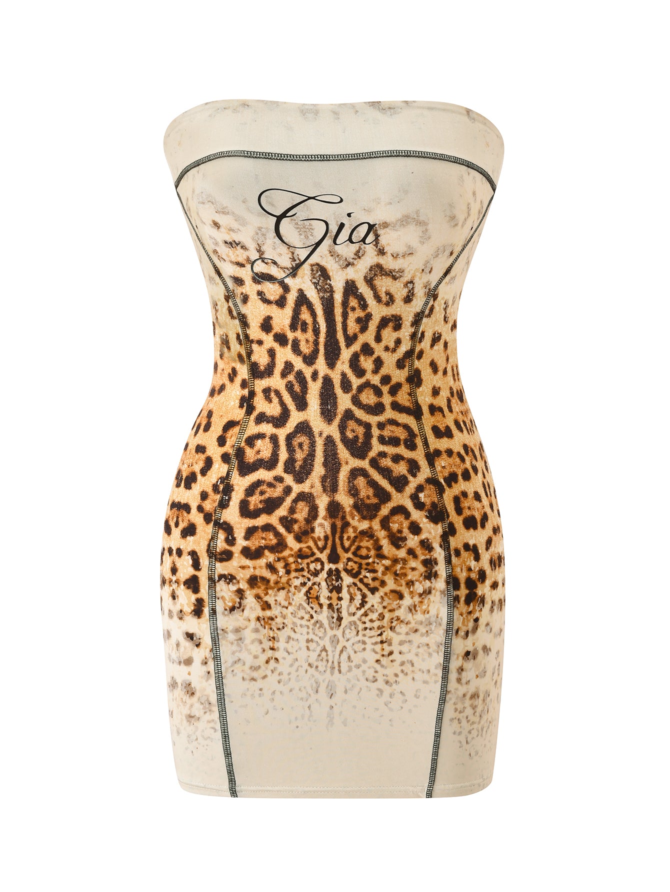 The I.AM.GIA BLARE TUBE MINI DRESS in Cream Faded Panthera is a strapless, bodycon mini dress with an animal print pattern inspired by the iconic Blare style, featuring “Gia” scripted across the chest.