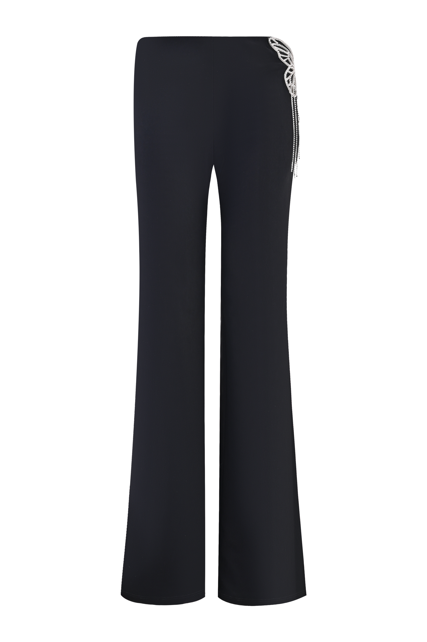 The SORREL PANT - BLACK by I.AM.GIA features a high-waisted, wide-leg silhouette with a decorative white rope at the right hip, gathered detailing on one side, and a crystallised butterfly applique.