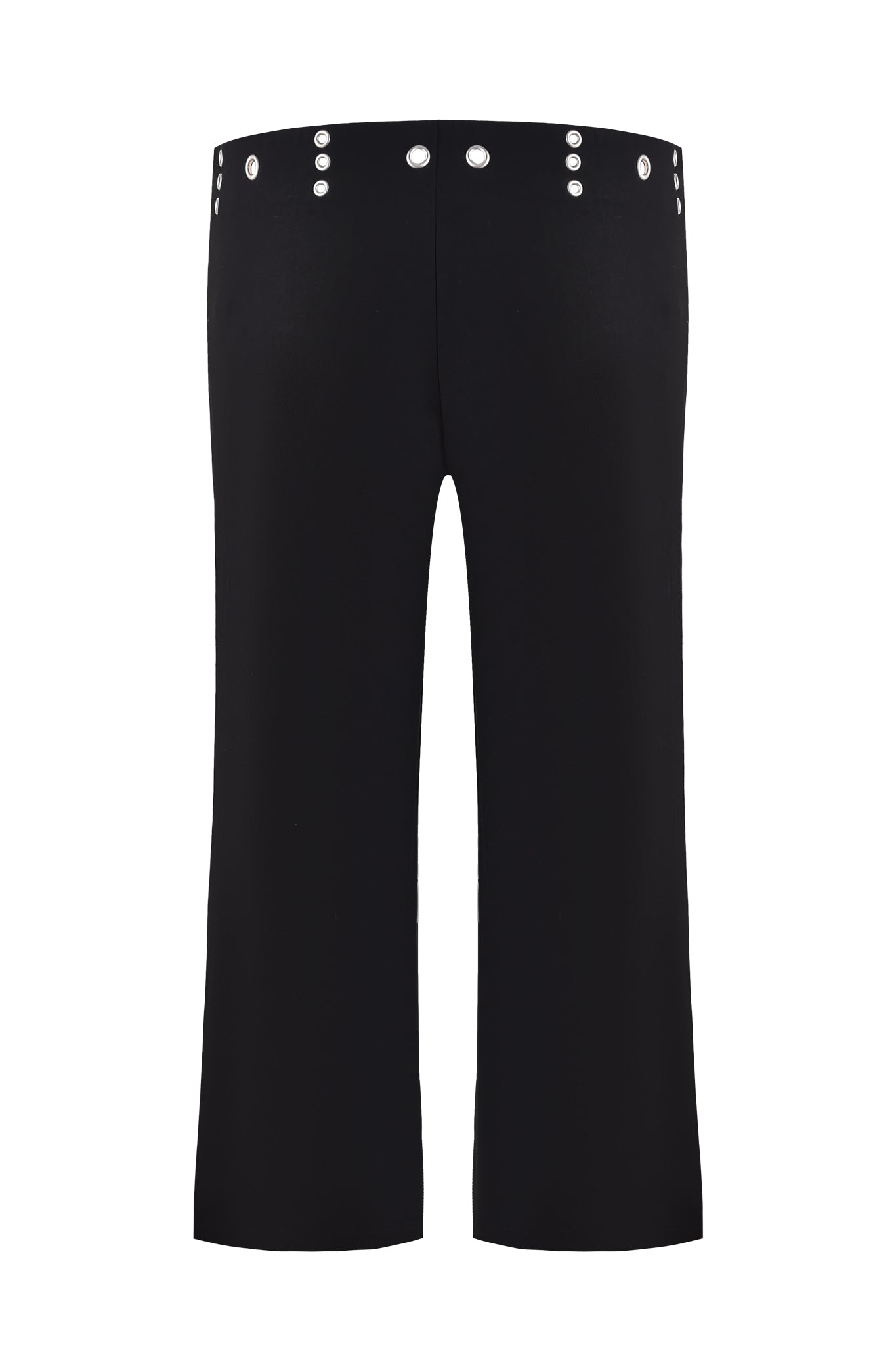 The SHARAH CAPRI - BLACK by I.AM.GIA is a pair of low-rise, wide-leg black pants featuring dual rows of silver snap buttons along the waistband and a smooth, minimal finish. Shown from the back.