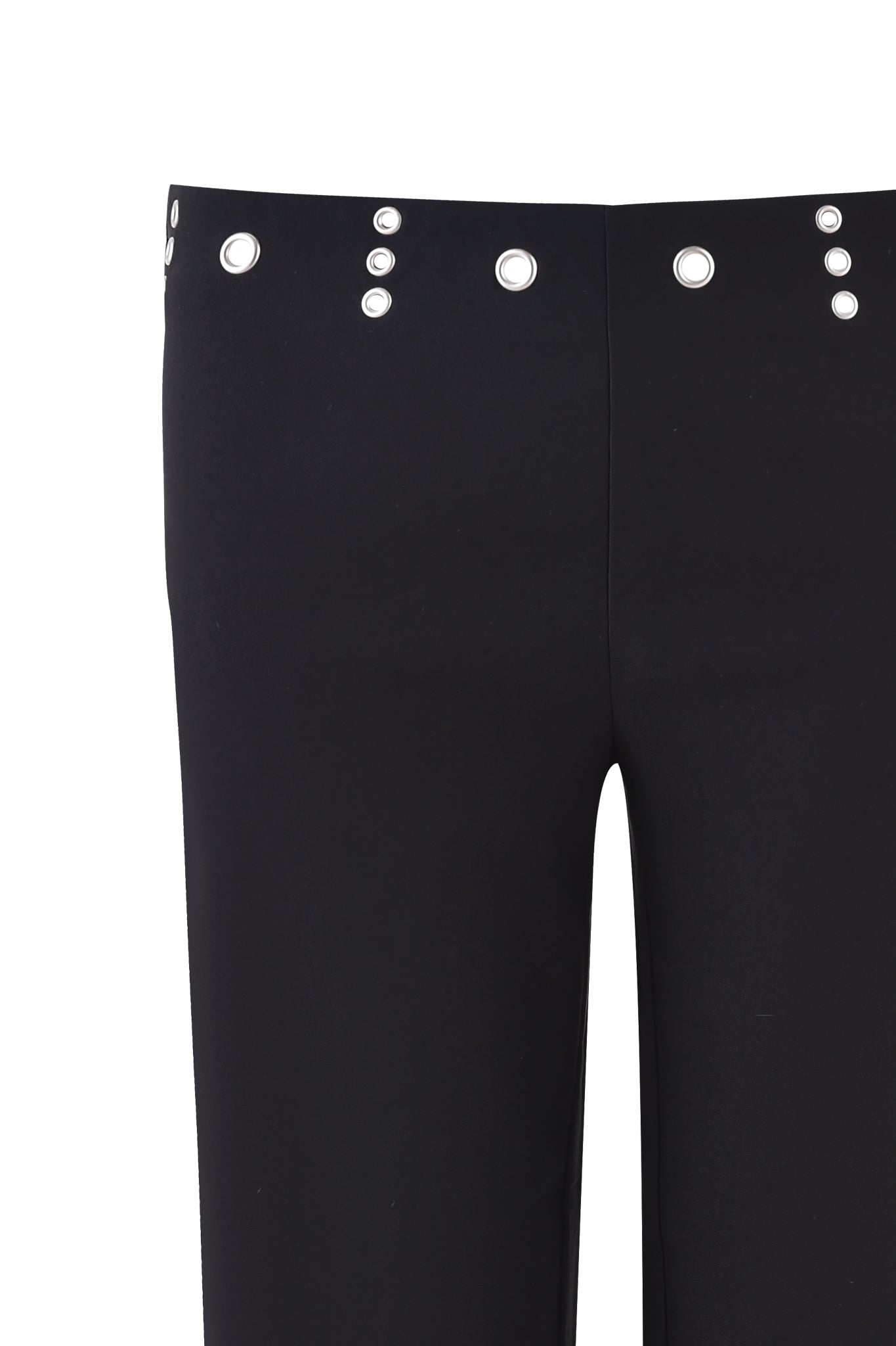 The SHARAH CAPRI - BLACK by I.AM.GIA are slim-fit black capri pants with two vertical rows of silver grommets on the waistband, shown against a white background.