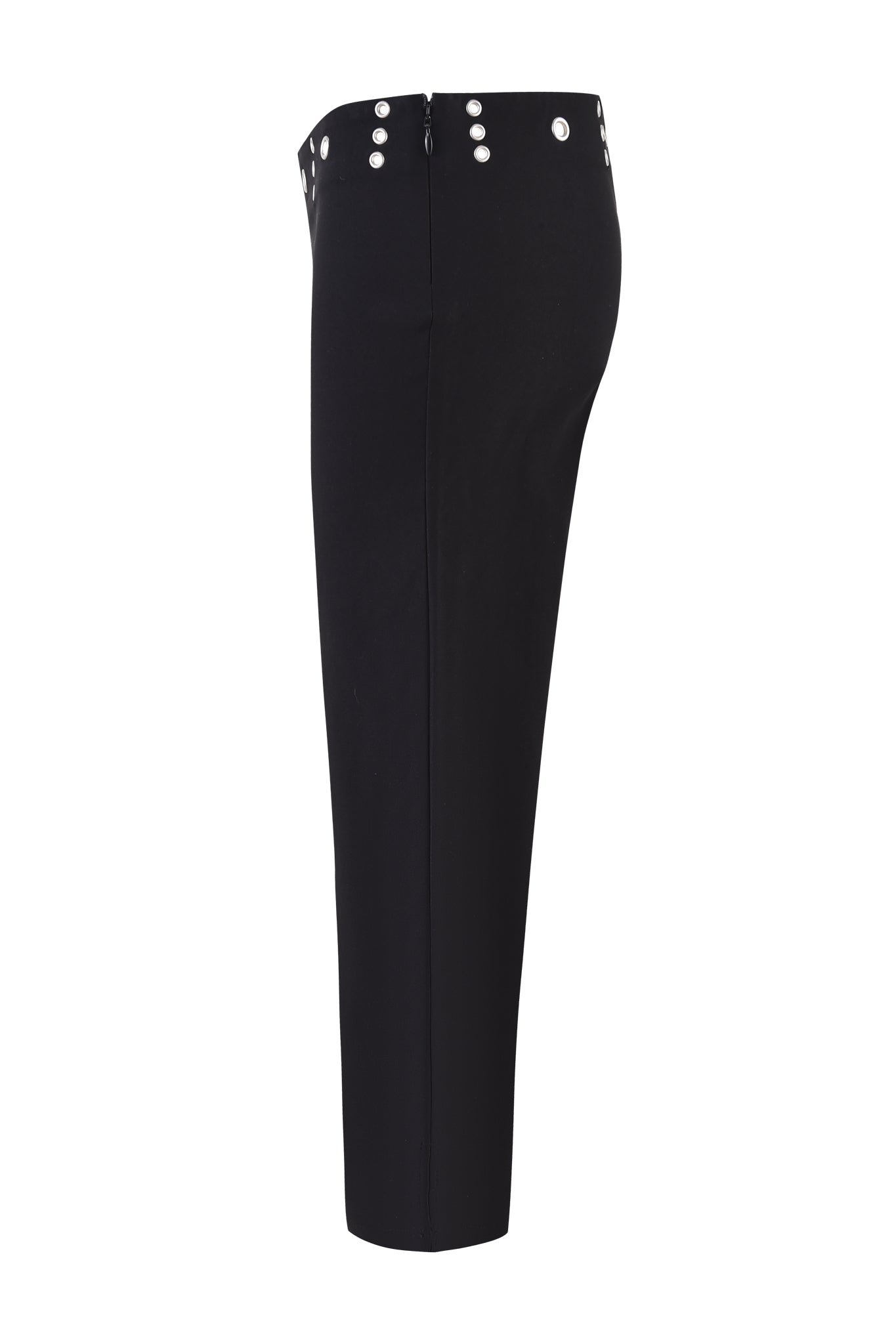 Side view of the SHARAH CAPRI - BLACK by I.AM.GIA: slim fit, high waist, two rows of silver buttons at the waistband, straight tailored leg, and minimalist design.