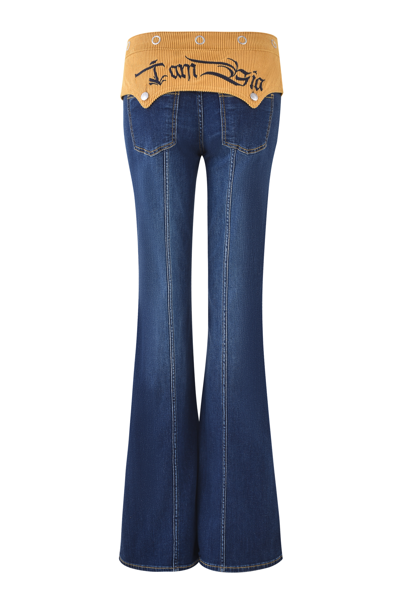 Back view of the TOMMIE JEAN - DARK WASH flared pants by I.AM.GIA, featuring a wide mustard yellow corduroy waistband with silver buttons and black custom GIA embroidery on the waistband.
