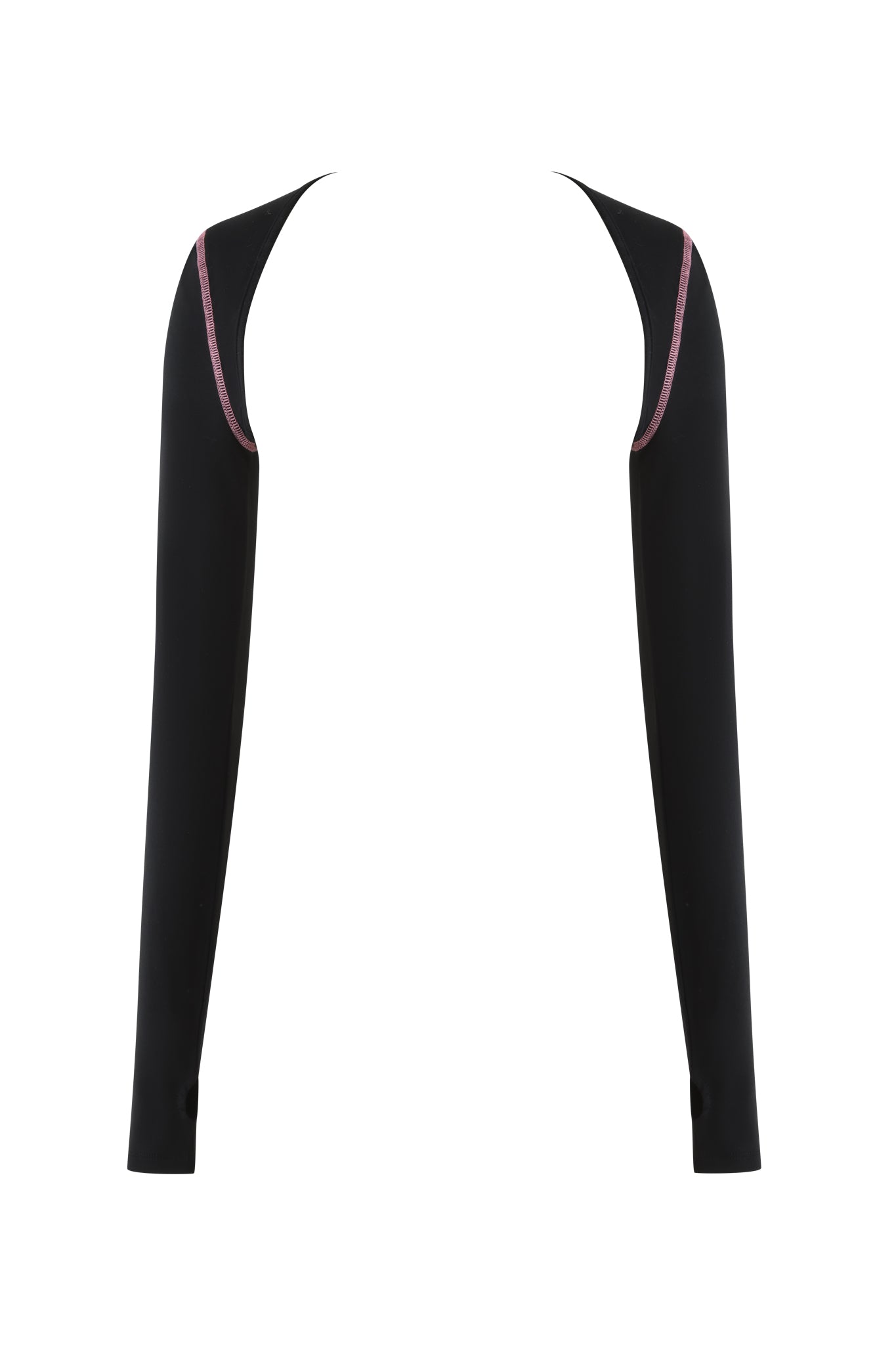 Introducing the BLARE SHRUG - BLACK by I.AM.GIA: long black sleeves connected at the shoulders, crafted from super soft stretch bamboo with contrast stitching and a pink strip near the seams. Featuring thumb holes near the cuffs, all against a white backdrop.
