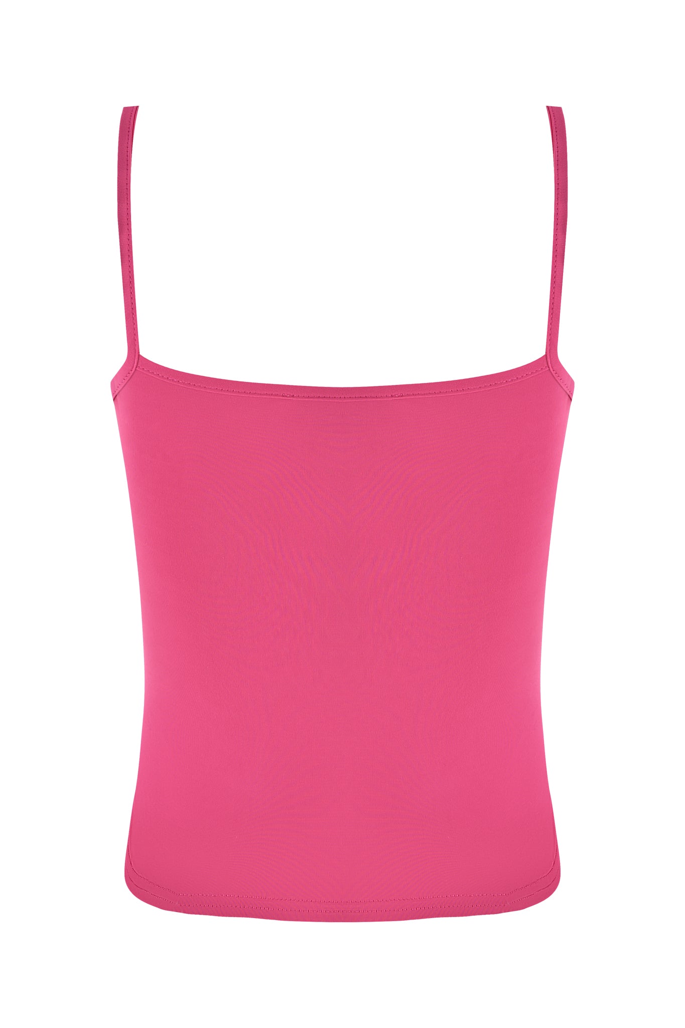 The SUKI TANK - PINK by I.AM.GIA is showcased against a white background. This chic camisole features slim spaghetti straps and a straight neckline with a bodycon fit that flatters your curves.