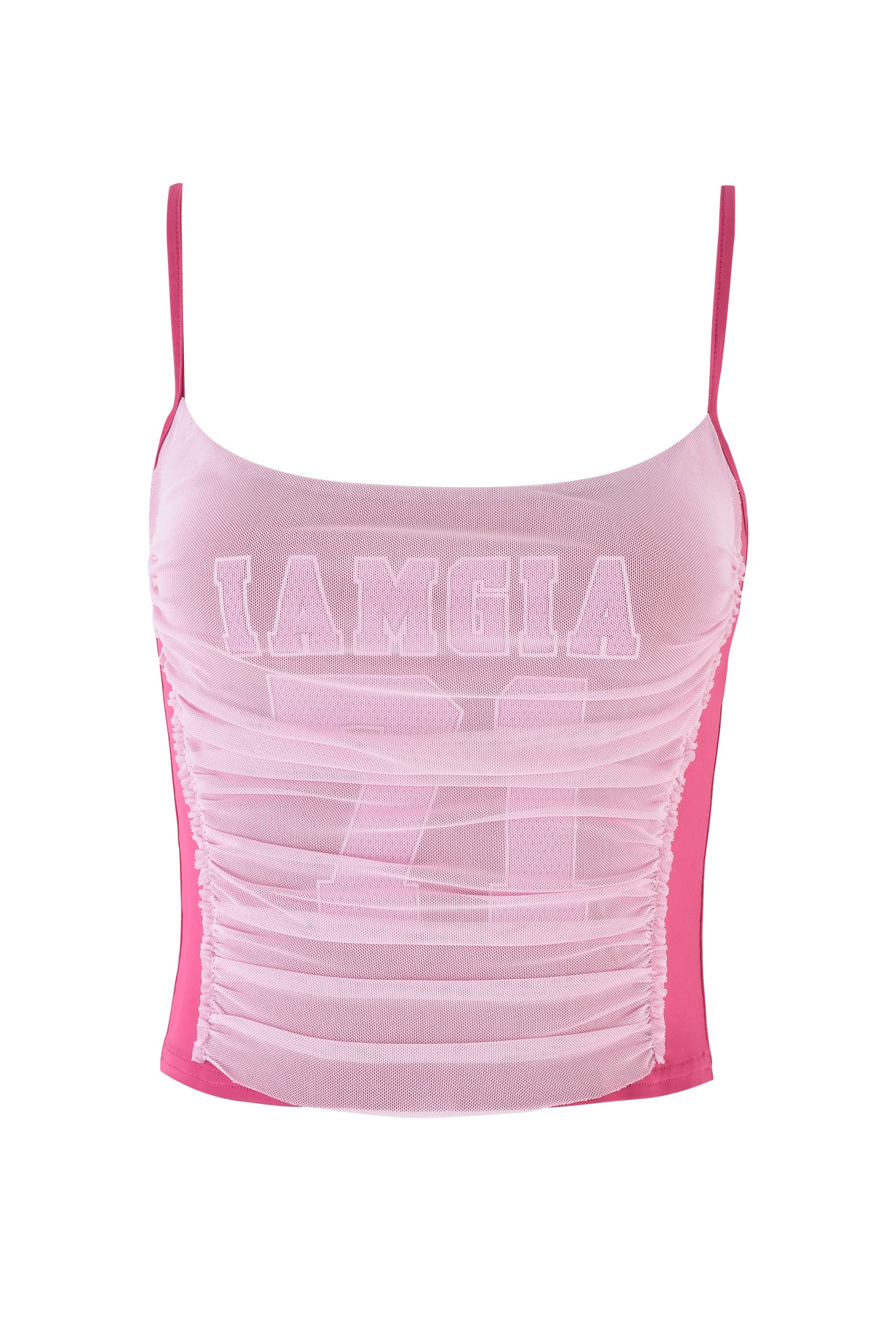 The SUKI TANK - PINK by I.AM.GIA is a hot pink slinky crop top featuring spaghetti straps, a ruched front, and bold "I AM GIA 71" print in large white letters across the chest for a striking bodycon fit.