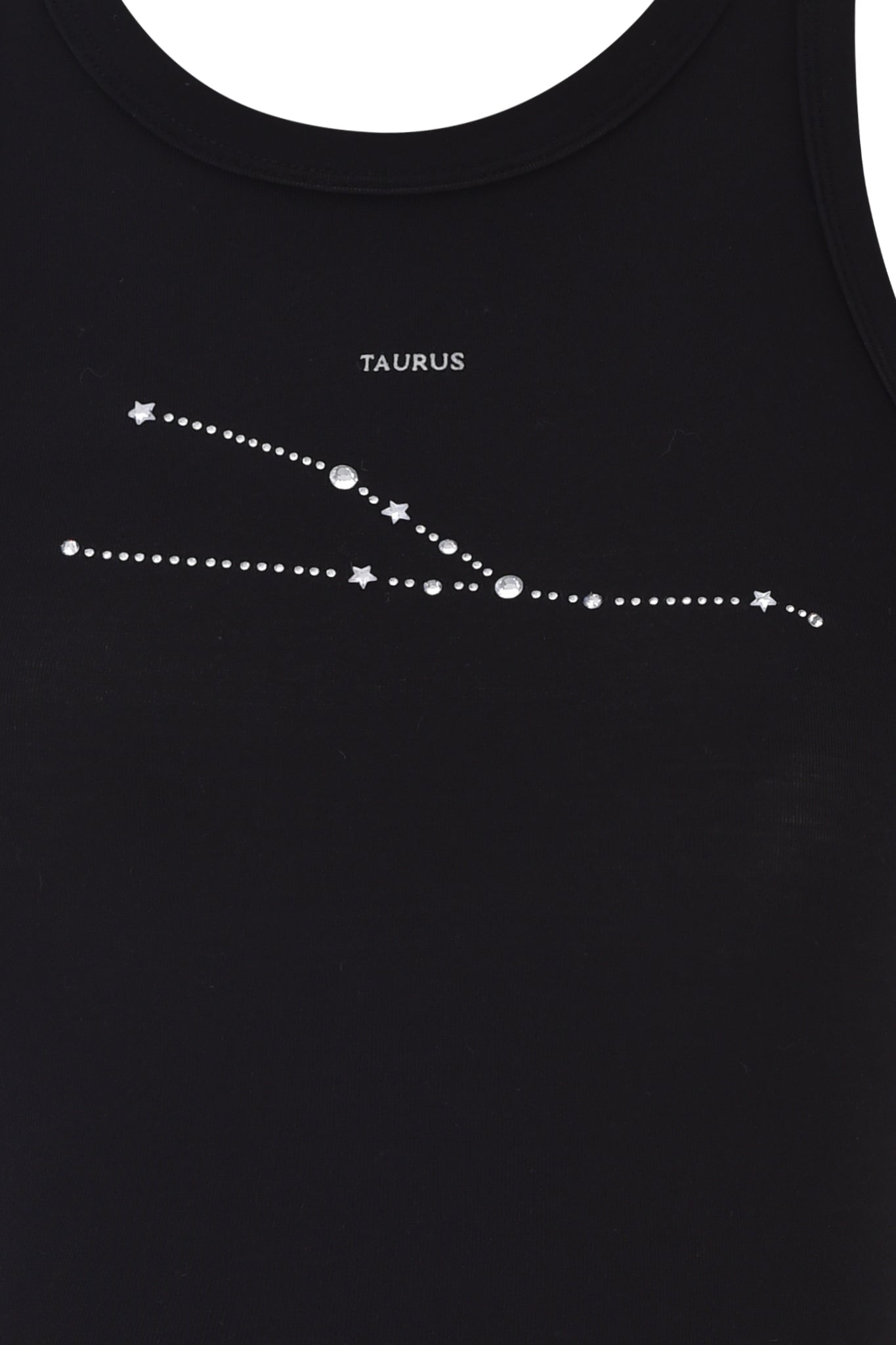 The I.AM.GIA TAURUS ZODIAC TANK - BLACK is a soft, breathable bamboo racer-style top with "TAURUS" and a dotted constellation featuring stars and circles, representing the Taurus zodiac sign.