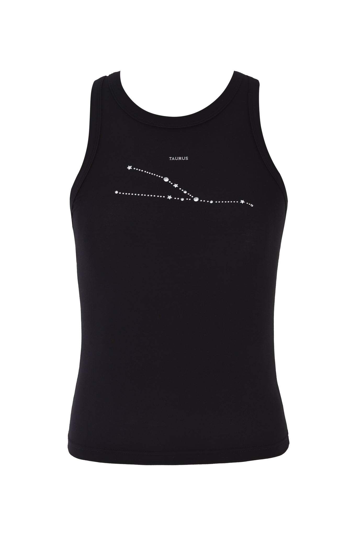 The I.AM.GIA TAURUS ZODIAC TANK - BLACK is a racer-style bamboo tank top with a white dotted Taurus constellation and "TAURUS" above, made from soft, breathable fabric for all-day comfort.