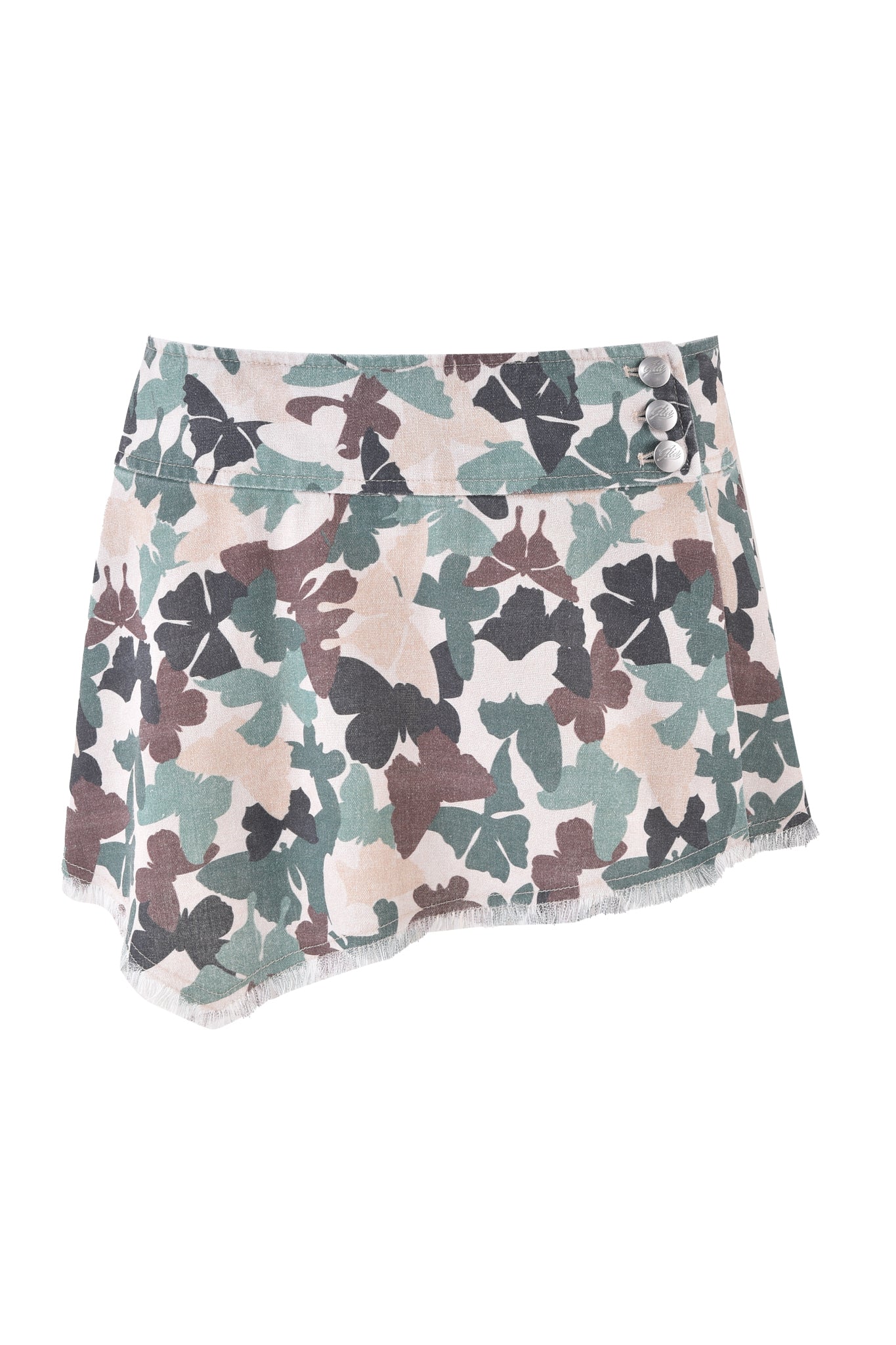The I.AM.GIA EFFIE SKIRT - FLUTTER CAMO is a high-waisted skort with an asymmetric hem and a unique butterfly camo print in green, brown, and beige. It features two decorative buttons on the right side and a frayed hem for added flair.