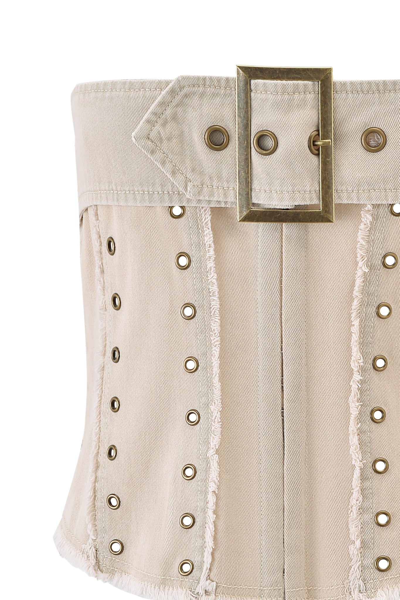 A close-up of the I.AM.GIA MASON CORSET - TAN in canvas, showing its tailored fit, frayed seams, metal eyelets in rows, and a large brass buckle on the top matching strap.
