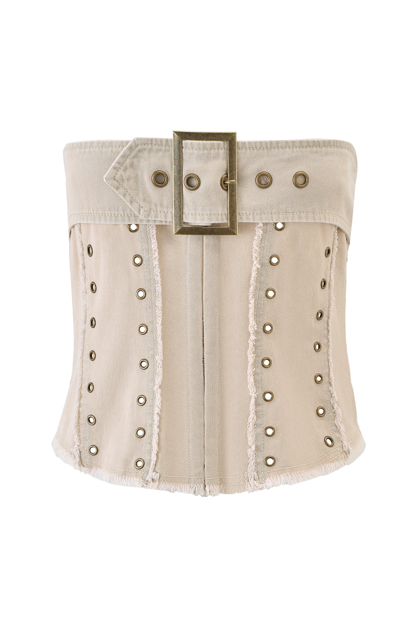 The I.AM.GIA MASON CORSET in tan features canvas, metallic grommets, vertical seams, frayed edges, and a bold rectangular front buckle for a tailored look.