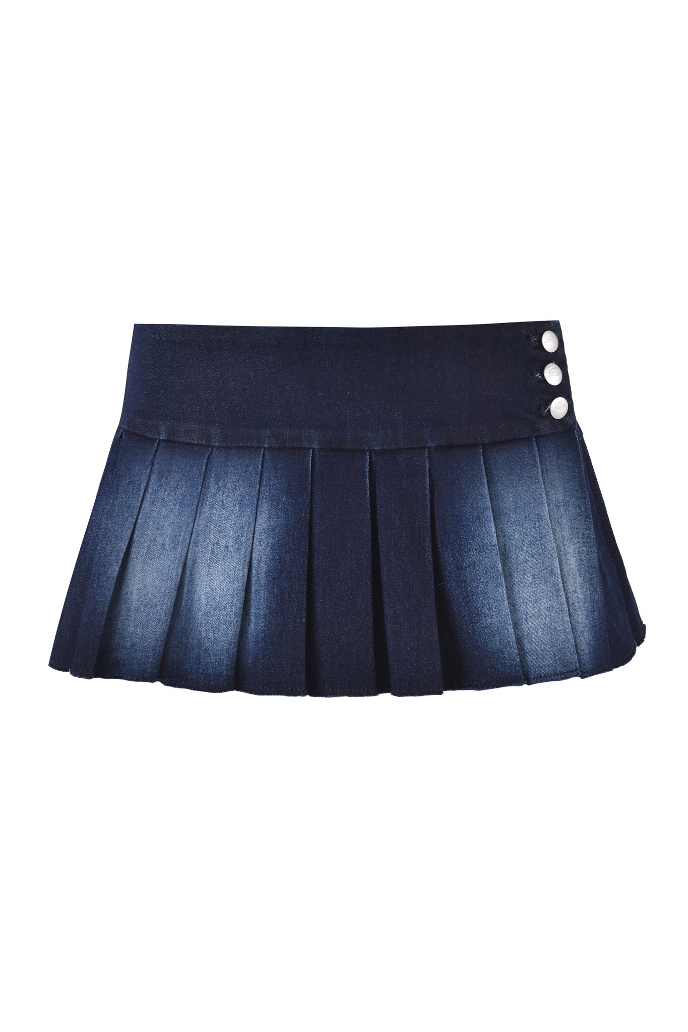 The REMINI DENIM SKORT by I.AM.GIA features a dark denim blue wash, micro-mini pleats, a wide waistband, and three silver buttons on the upper right.