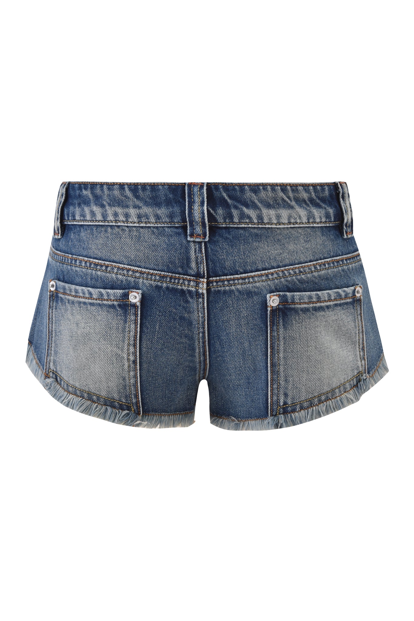 Back view of the I.AM.GIA AURA DENIM SHORT in blue denim, showcasing a low-rise waist, two large back pockets, visible stitching, and a raw frayed hem.