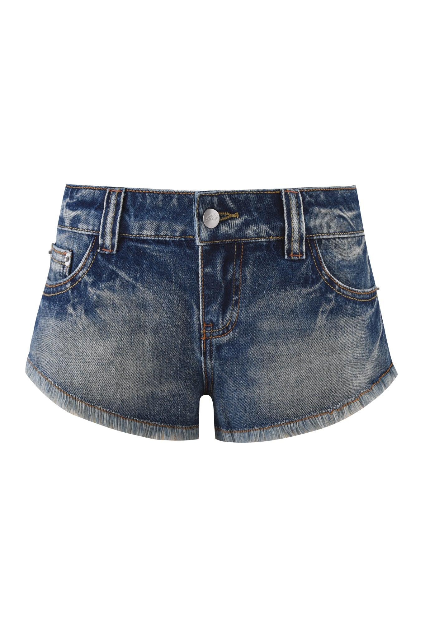 Front view of the I.AM.GIA AURA DENIM SHORT in blue denim, featuring a low-rise waist, raw frayed hem, visible pockets, belt loops, button and zipper closure, plus subtle fading and distressed details.