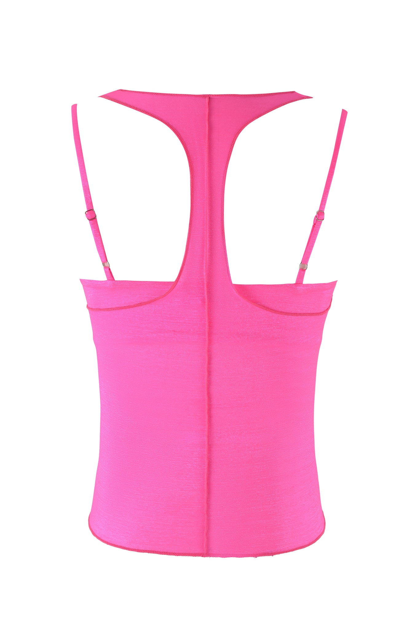 The image features the NERINA TOP - NEON PINK by I.AM.GIA, a neon pink shimmer piece with a bodycon fit, sleeveless design, delicate spaghetti straps, and racerback. Made from smooth and stretchy fabric for comfort.