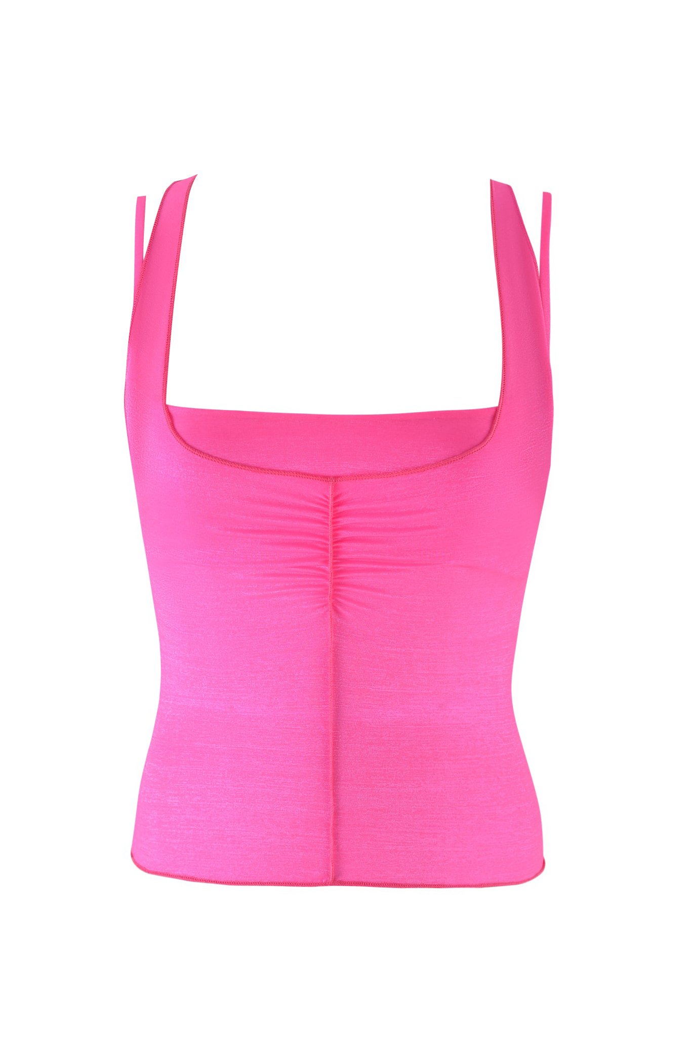 The I.AM.GIA NERINA TOP - NEON PINK is a sleeveless, square-neck crop top in neon pink shimmer with center front ruching and a bodycon fit, shown on a plain white background.