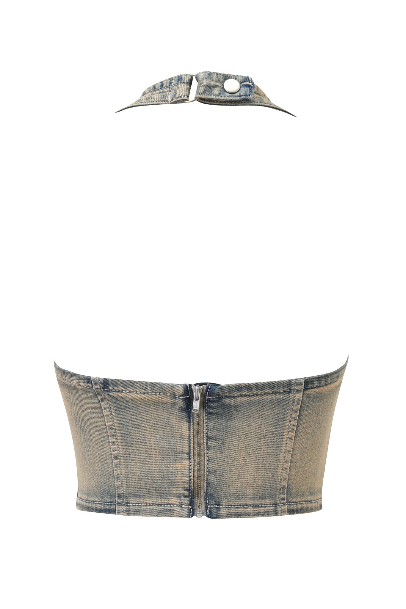A back view of the I.AM.GIA TOMMIE CORSET in antique denim, featuring a faded blue wash, bodycon fit, back zipper closure, and a halter neck strap fastened with two metallic buttons.