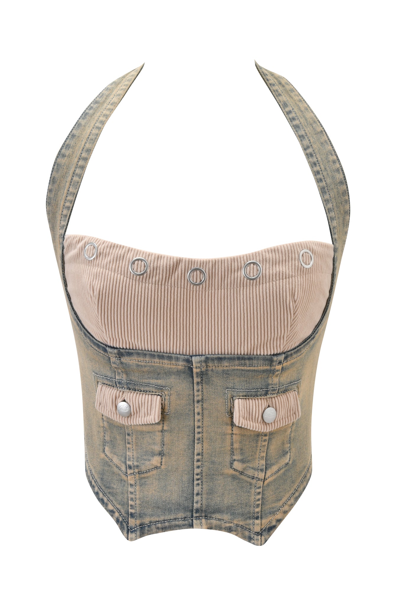 The I.AM.GIA TOMMIE CORSET in Antique Denim features a halter neck, vintage wash, corduroy bust panel with metal snap buttons, and two decorative front pockets for a flattering bodycon fit.
