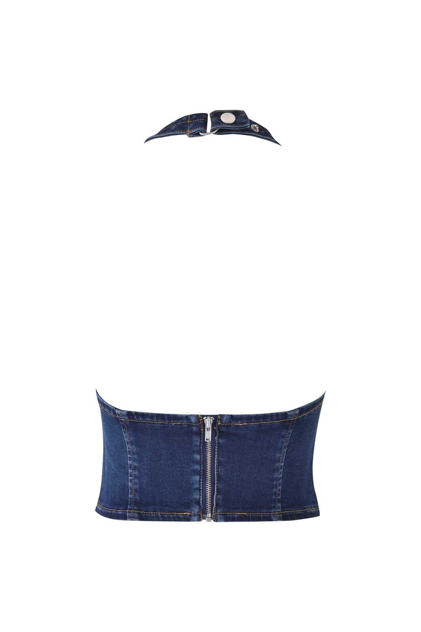 The I.AM.GIA TOMMIE CORSET in dark wash is a blue denim halter-style crop top with a back zipper, buttoned neck strap, and body-con fit, shown from the back against a plain white background.