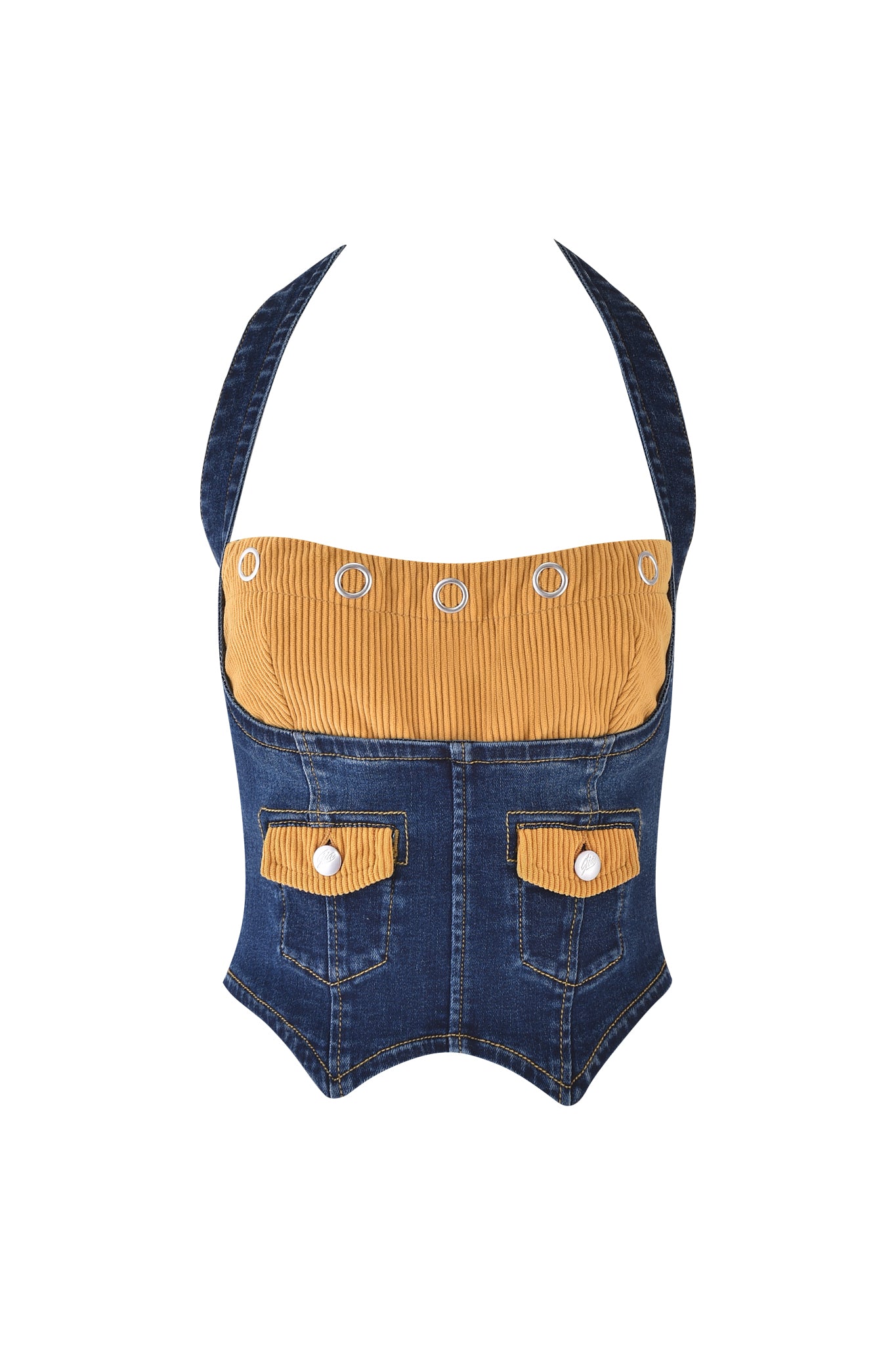 The TOMMIE CORSET - DARK WASH by I.AM.GIA features a halter-style denim bustier with a mustard corduroy chest panel, silver buttons, and two front pockets with yellow flaps and white buttons for a chic, body-con fit.
