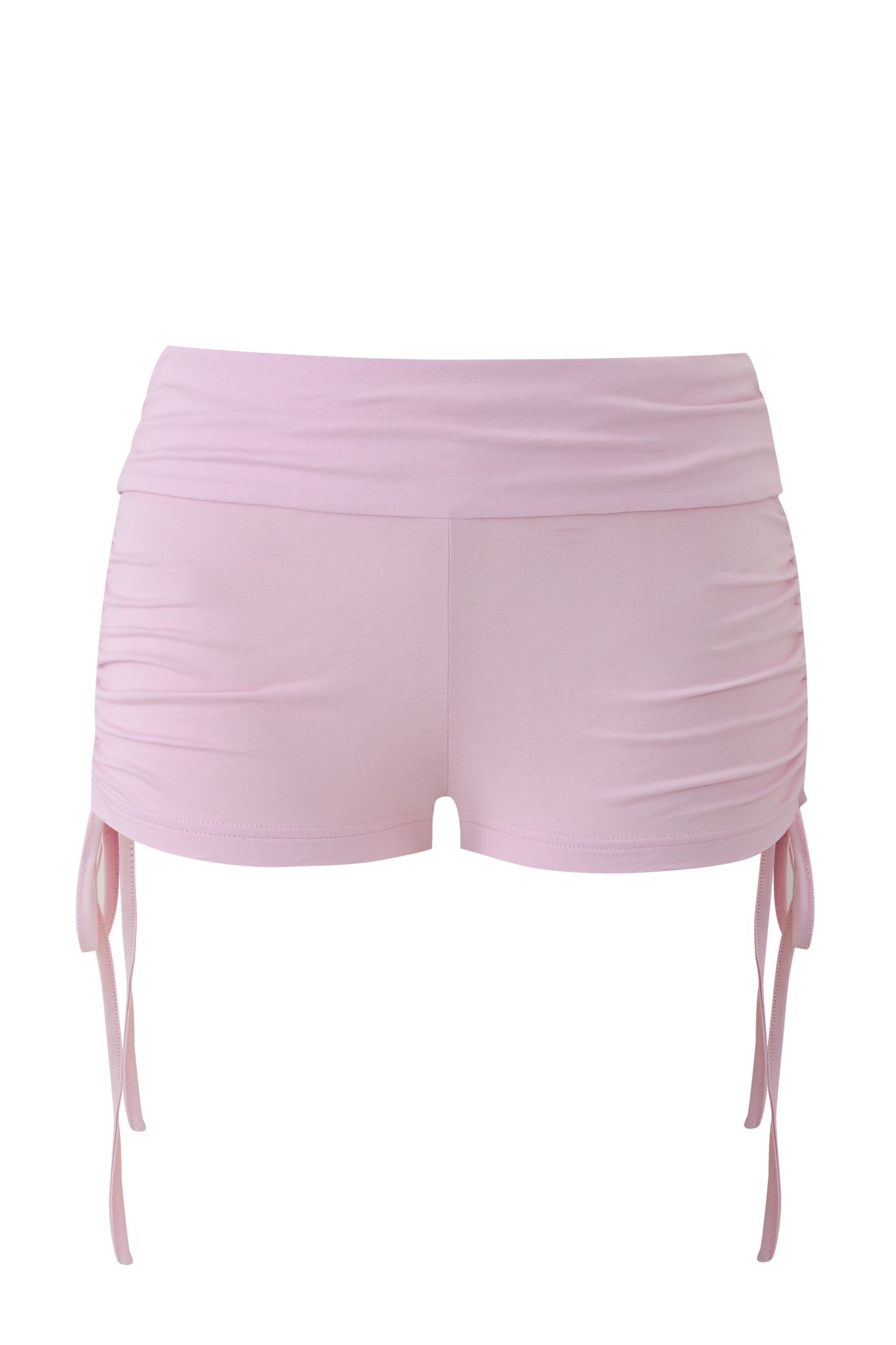 The I.AM.GIA MIA JERSEY SHORT in baby pink is a high-waisted women’s short, shown from the back with ruched sides and drawstring ties, set against a plain light background.