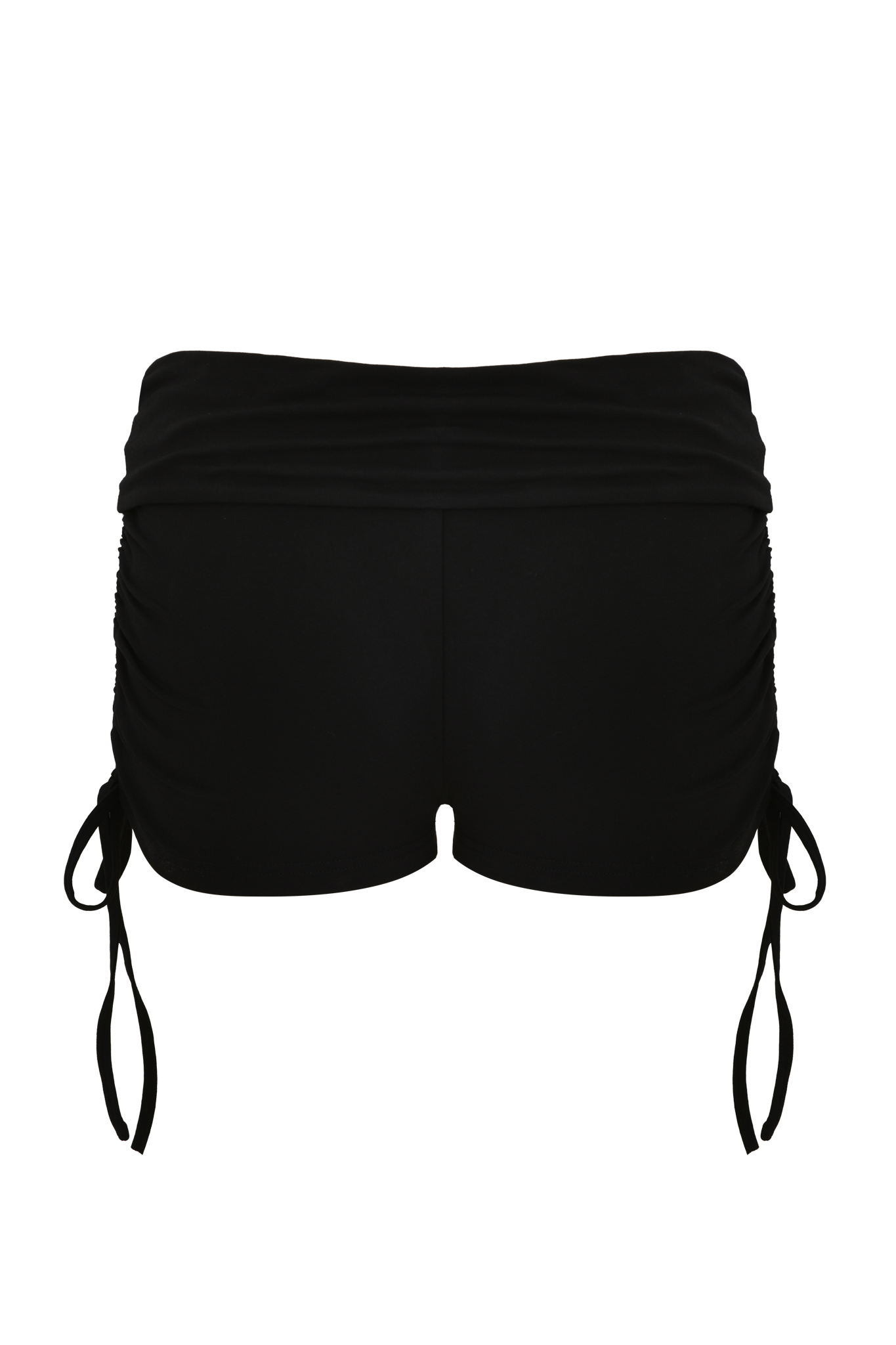 The MIA JERSEY SHORT by I.AM.GIA in black features a high waist, ruched sides, and adjustable drawstring ties on each hip for a flattering, bodycon fit when viewed from the back.