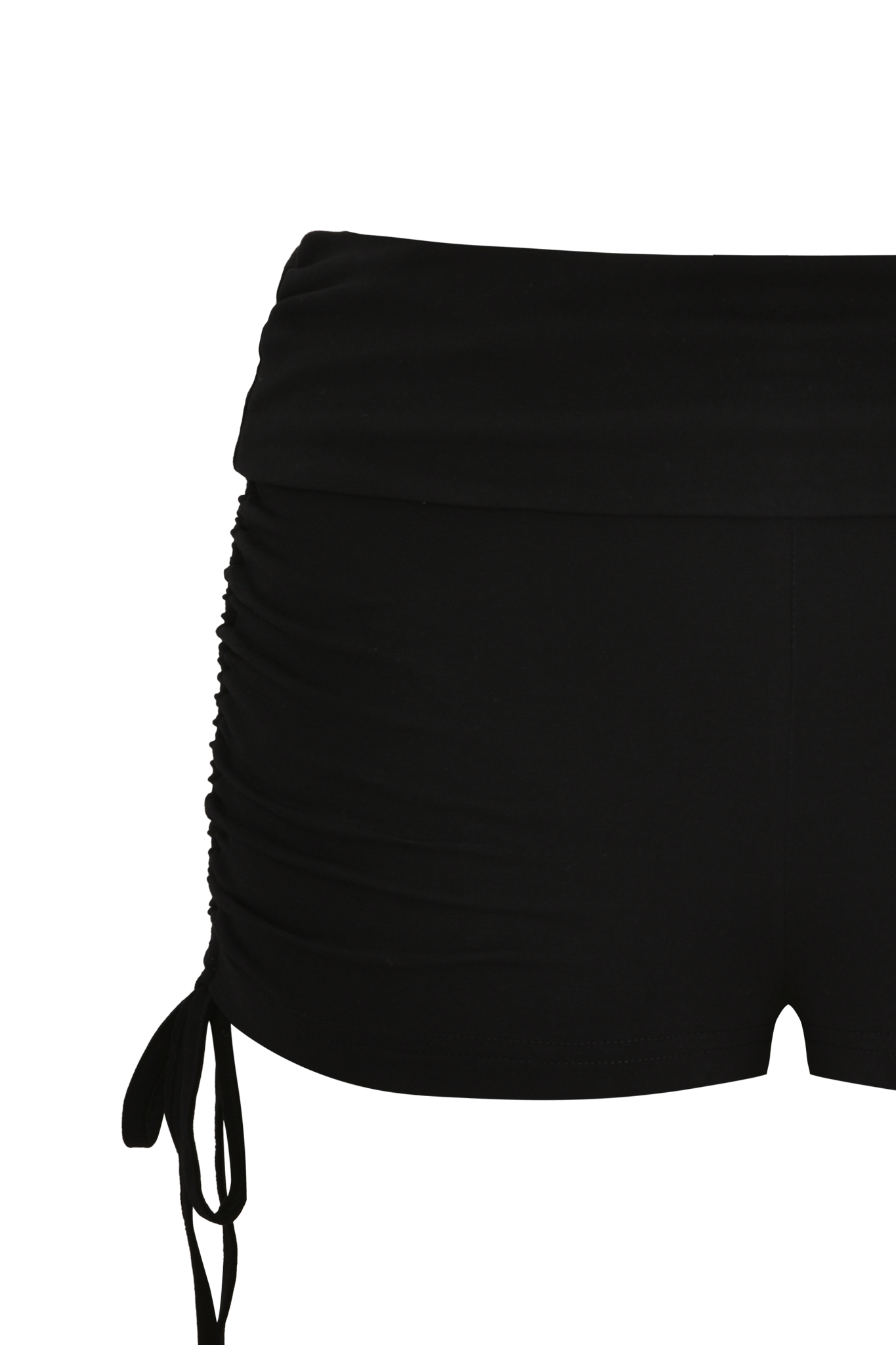 The I.AM.GIA MIA JERSEY SHORT - BLACK features a low-rise waistband and ruched detailing with an adjustable drawstring tie on the left side, designed for a sleek, bodycon fit.