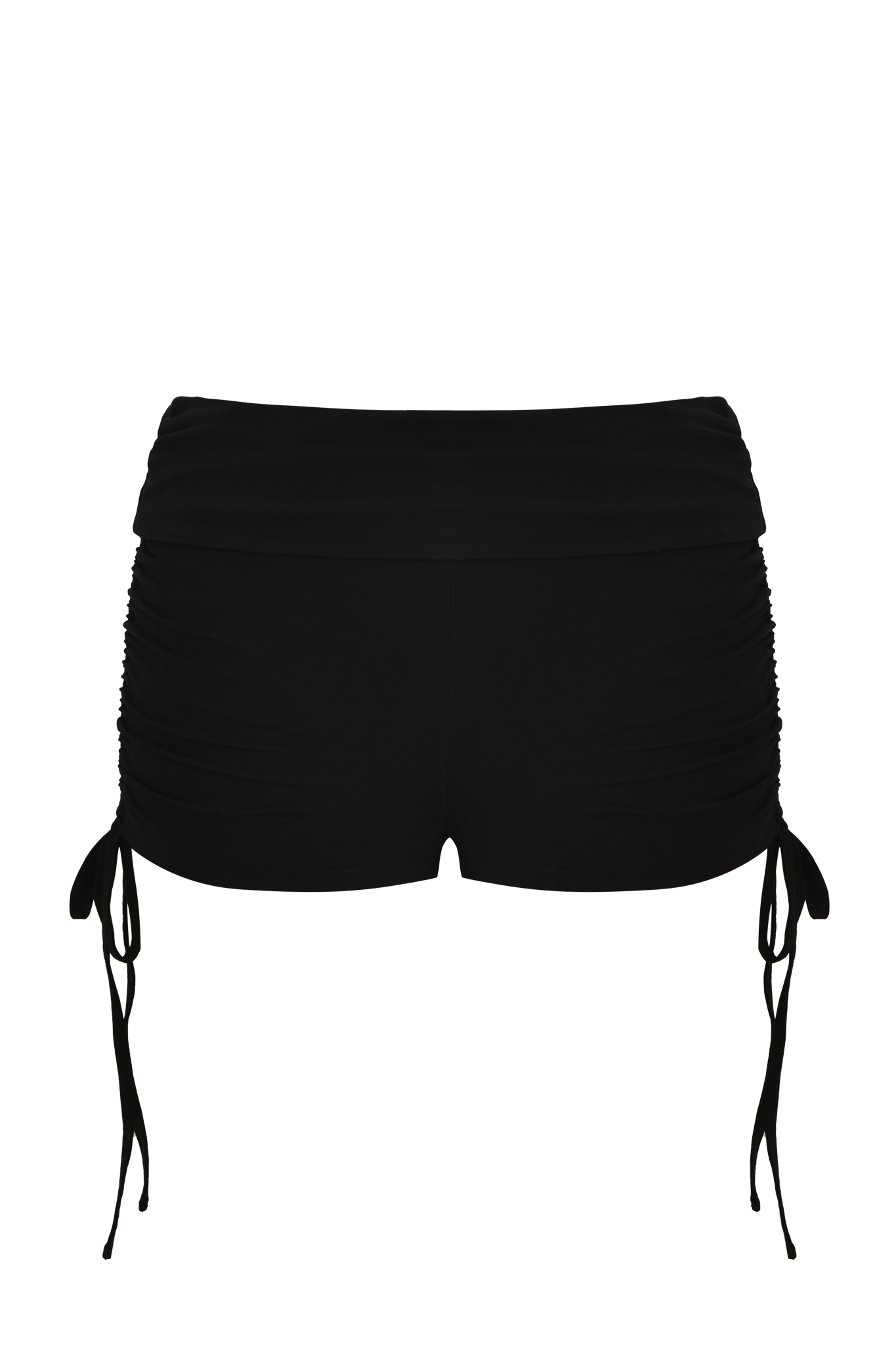 The MIA JERSEY SHORT - BLACK by I.AM.GIA features a bodycon fit, high waist, side ruching with adjustable drawstrings, and a pointed hem at the back.
