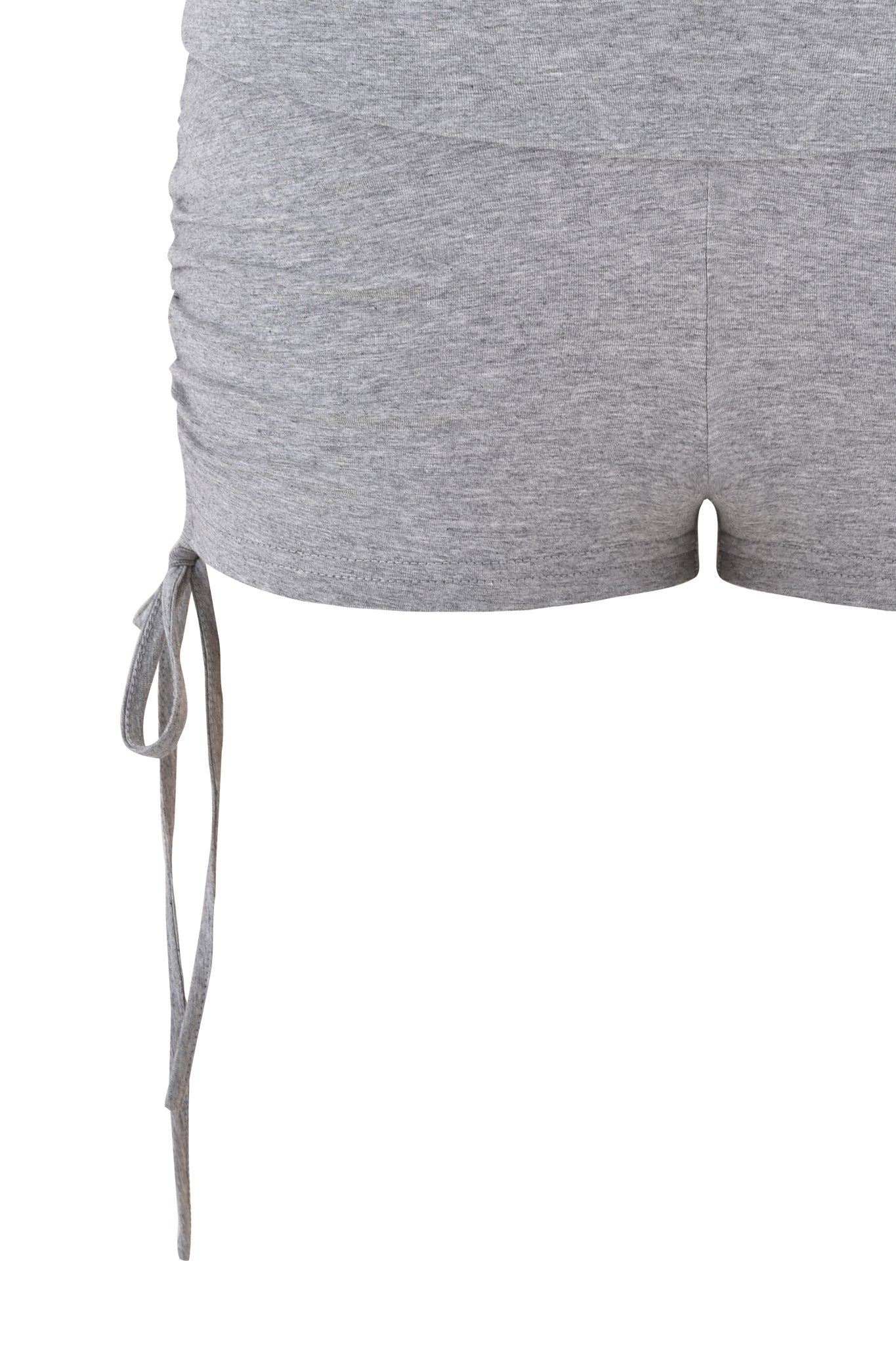 Close-up of the lower half of the I.AM.GIA MIA SHORT - HEATHER GREY jersey micro shorts, featuring ruched sides and an adjustable string tied in a bow on one side.