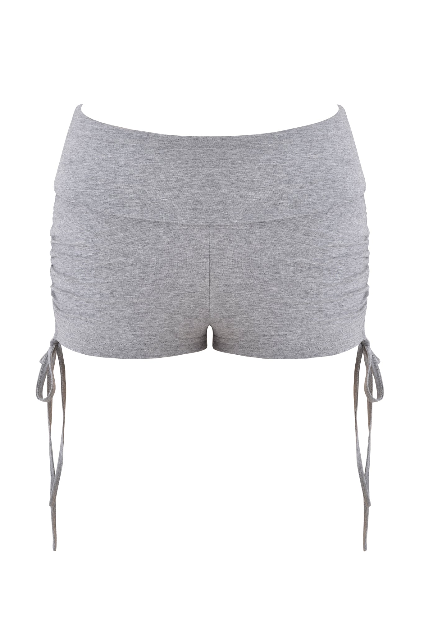 The I.AM.GIA MIA SHORT in heather grey features micro shorts with side ruching and adjustable drawstring ties, shown on a plain white background.