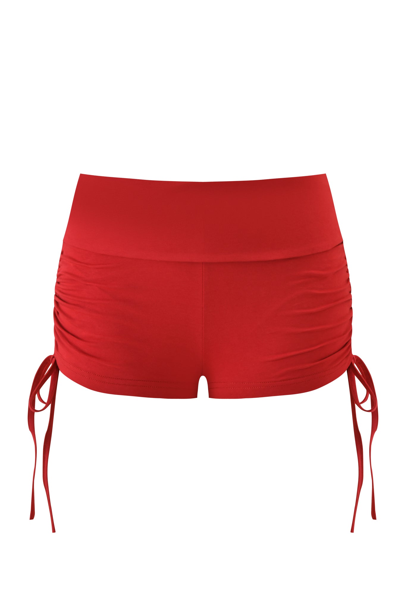 The I.AM.GIA MIA SHORT - RICH RED for women features a fold-over waistband, adjustable side drawstrings, ruched detail, and a wide fit, shown against a white background.