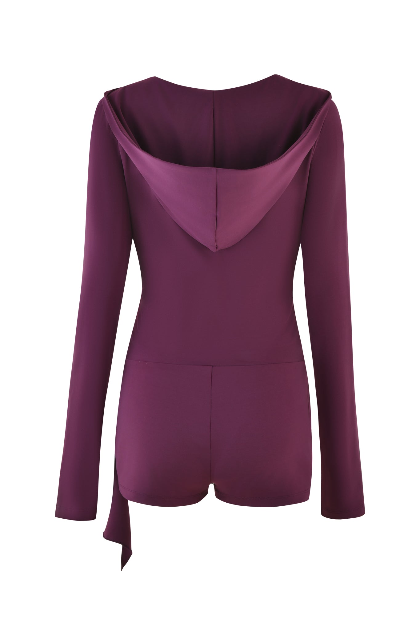 The I.AM.GIA Irina Playsuit in plum showcases a back view with long sleeves, an attached hood, smooth fabric, and a bodycon fit. It features a slightly flared hem and draped tie detail on one side against a plain white background.