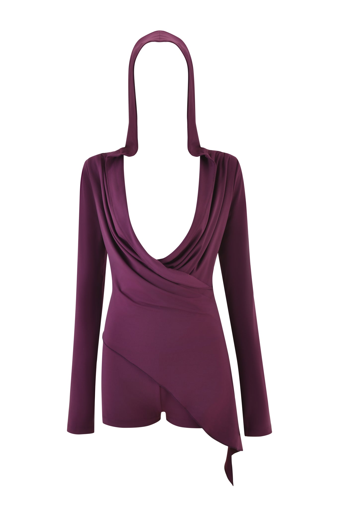 A headless and armless mannequin showcases the IRINA PLAYSUIT in plum by I.AM.GIA, featuring long sleeves, a hood, and asymmetrical layers. The draped smooth fabric creates a flowing, elegant overlay.