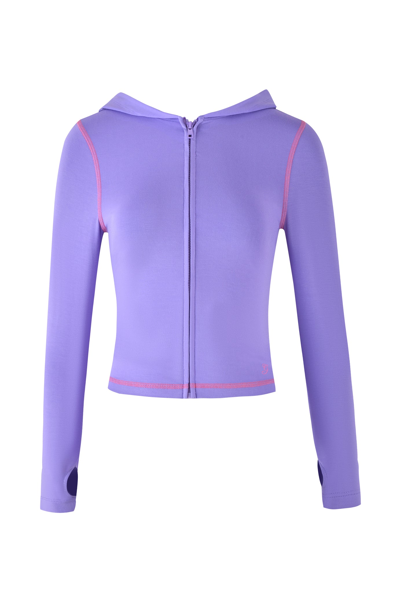 The BLARE HOODIE - PURPLE by I.AM.GIA is a long-sleeved athletic hoodie with a front zipper, pink contrast stitching, thumb holes, and a high collar. The stretchy, bodycon design offers maximum comfort and style.