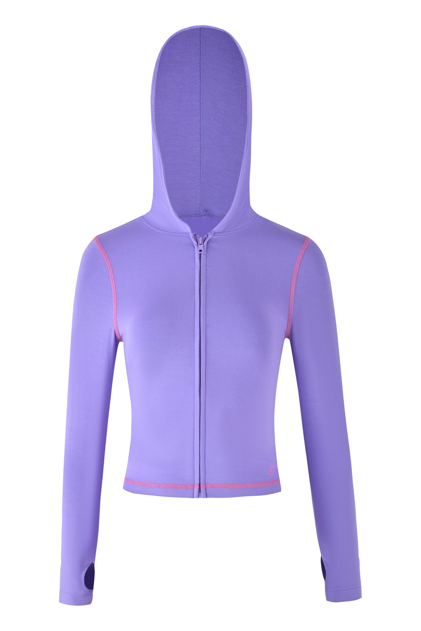 The BLARE HOODIE - PURPLE by I.AM.GIA is a lavender cropped hoodie with a front zipper, hood, pink seam details, and sleeve thumb holes. It is stylishly displayed flat on a white background.