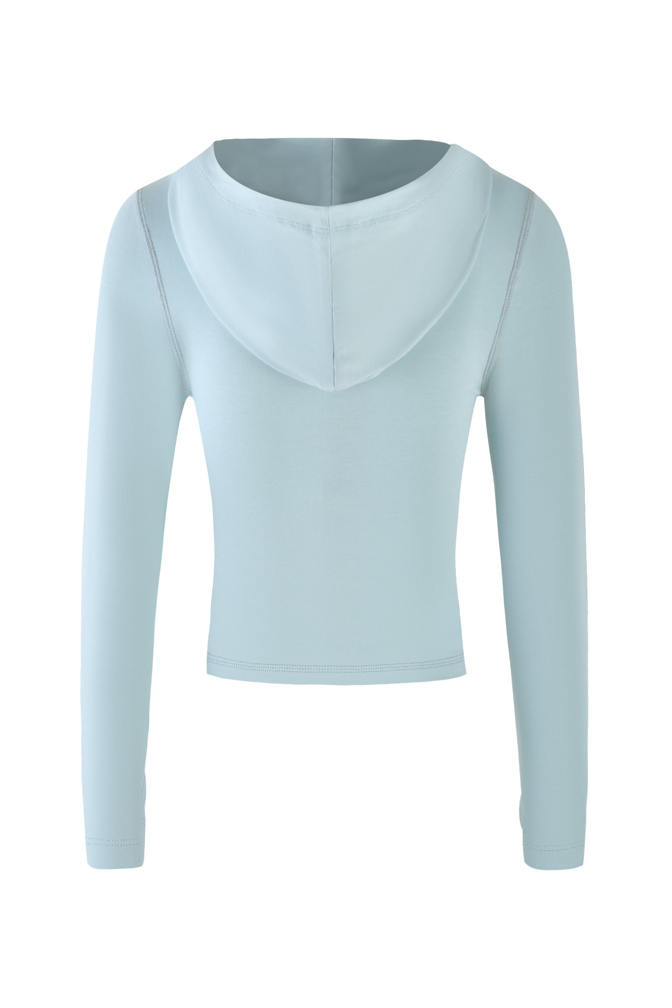 The I.AM.GIA BLARE HOODIE in seafoam features a long-sleeved, fitted bodycon silhouette with a straight hem. Shown from the back against a white background.
