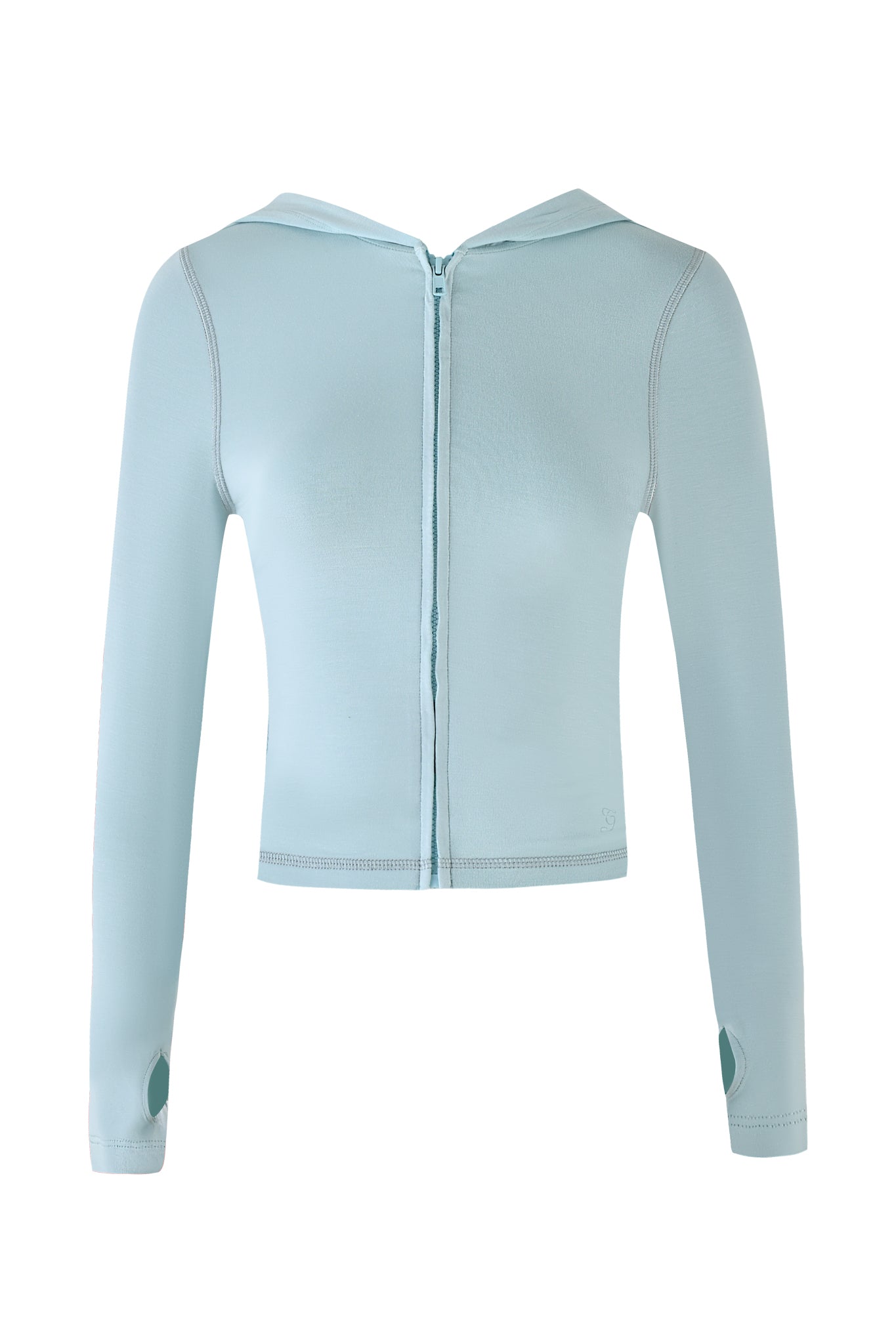 The I.AM.GIA Blare Hoodie in seafoam is a snug-fitting, long-sleeve bamboo elastane piece with thumb holes. It showcases a light blue design and is pictured with the zipper fully closed.
