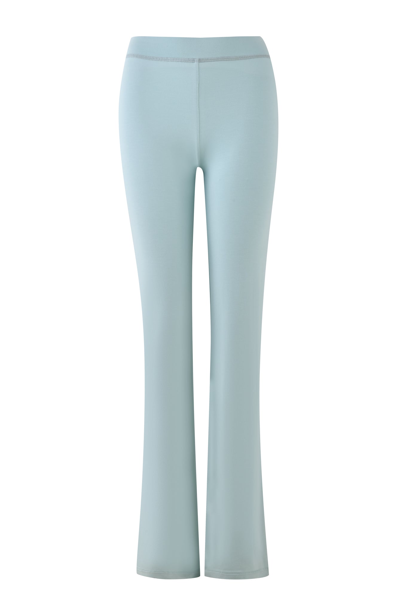Introducing the I.AM.GIA Blare Trackpant in Seafoam: high-waisted stretch pants made from bamboo and jersey with a straight fit and slight flare, blending comfort and style against a crisp white background.